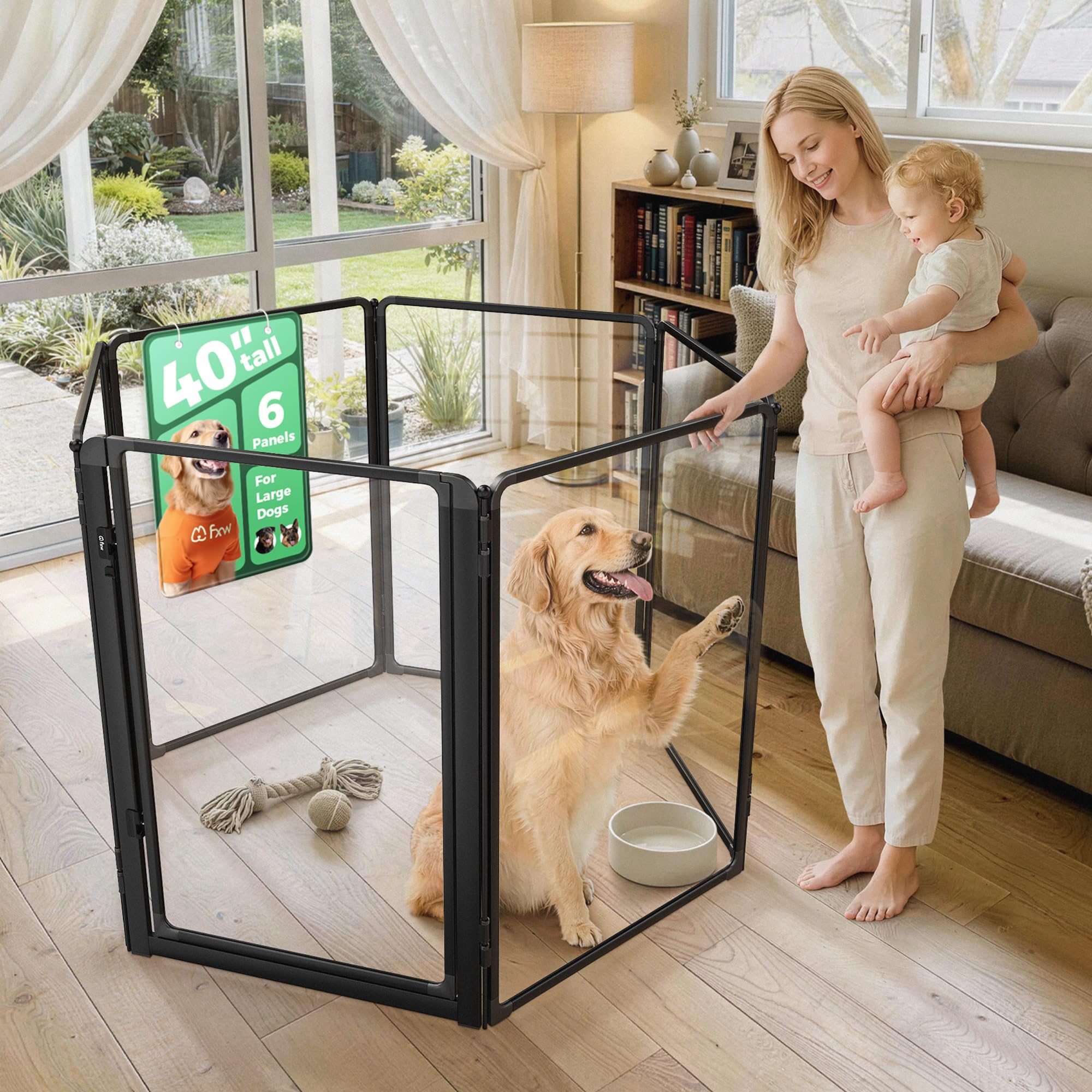 FXW AuraSpace Pro Clear Acrylic Indoor Dog Playpen, 40" H, 6 Panels