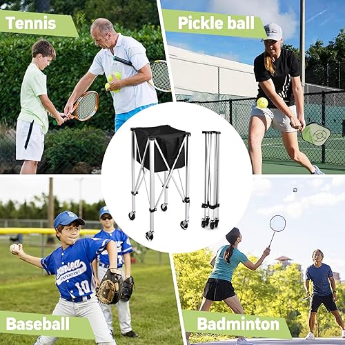 Miniatura 6 de YooKoo Tolva de pelota de tenis para 150 pelotas, cesta de pelota de tenis para entrenamiento de servicio, carrito de pelota de tenis plegable con
