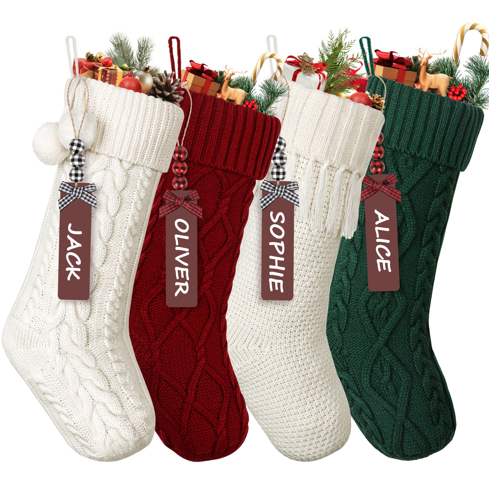 Weldomcor Christmas Stockings Set of 4, Large Knitted Customized Christmas Stockings Personalzed Xmas Stockings with Name Tags for Christmas Tree Fireplace Family Decorations (Red White Green) — image 1