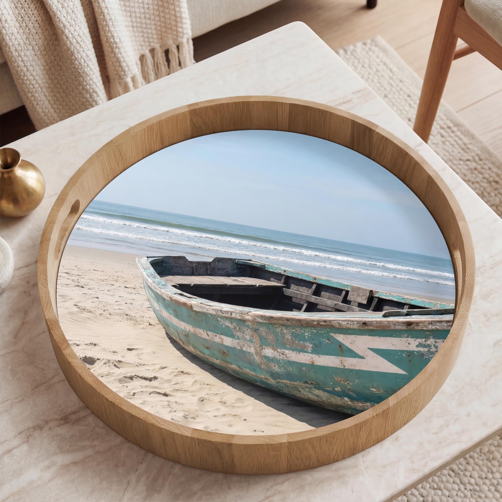 Bandeja Madera De Roble Redonda 50x50 cm Bandejas Desayuno para Servir Comida Cocina Resistente Al Calor Cafe Tray Tabuleiro Barco - Playa Arena - Mar