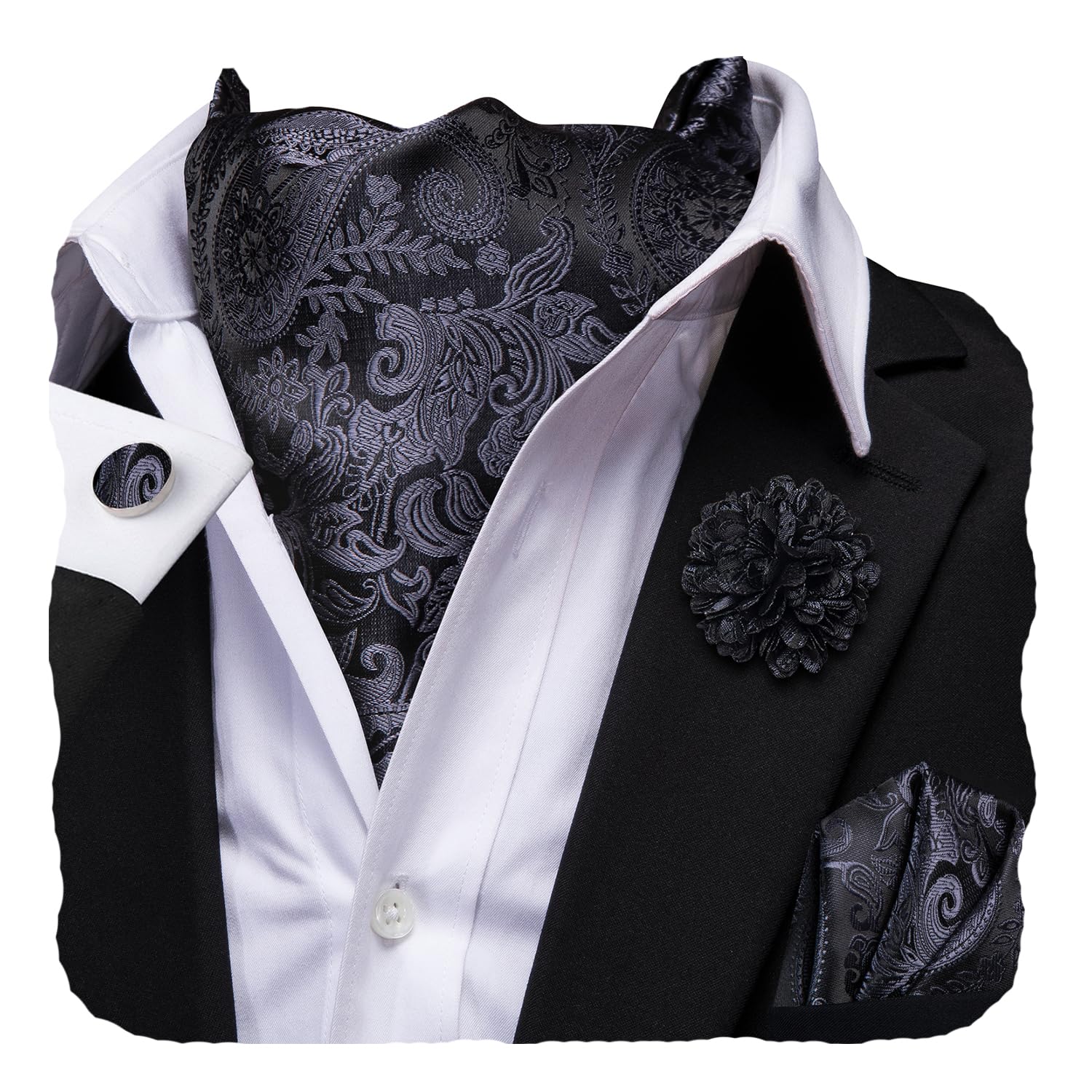 Hi-Tie Silk Ascot for Men Self Tie Men's Cravat and Flower Lapel Pin Handkerchief Cufflinks Set for Wedding Party