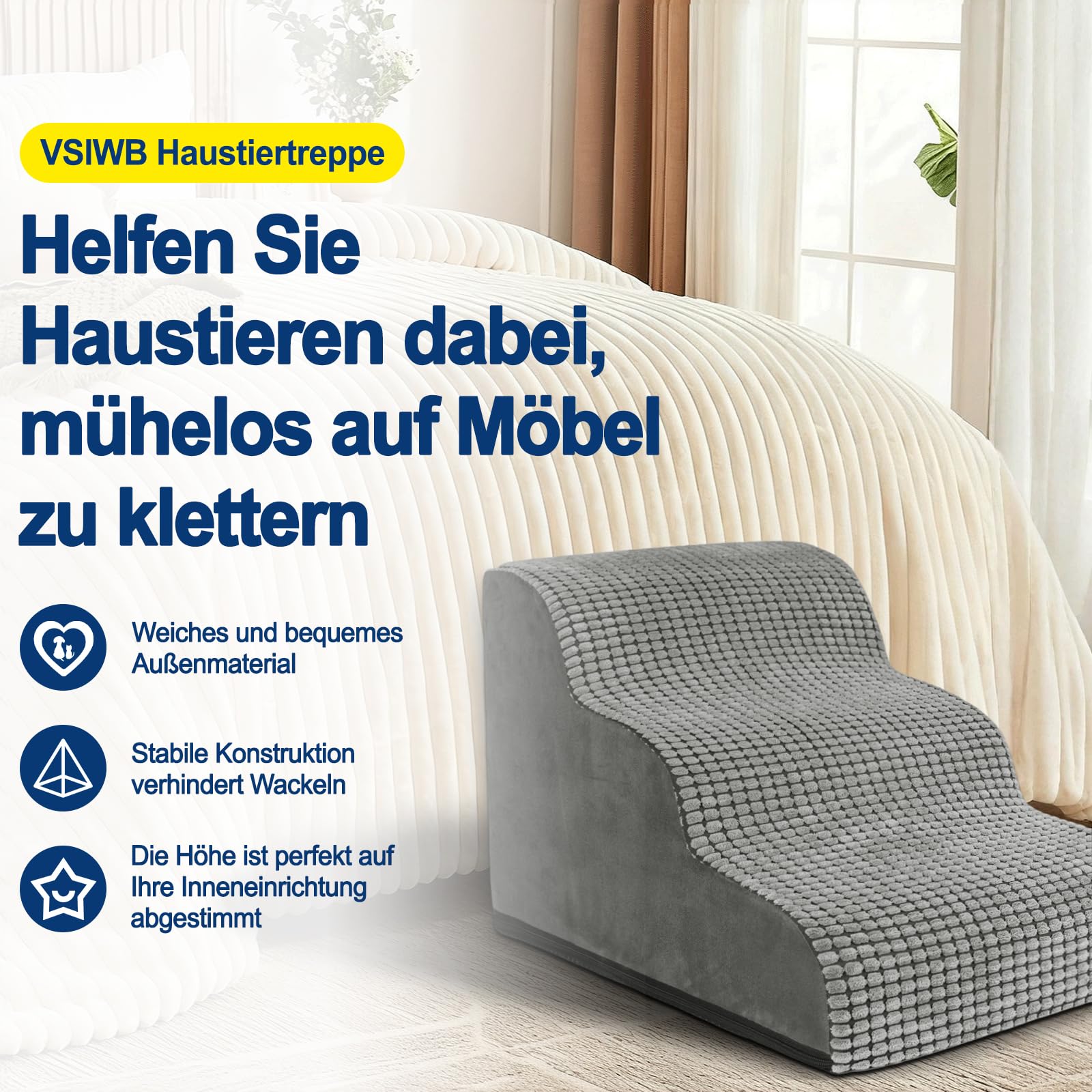 Hundetreppe für Kleine Hunde 40 cm Hoch, 3 Stufen Haustiertreppe für Bett und Sofa, Hunde Treppe Hunderampe mit Waschbarem Bezug und Rutschfestem Boden, Hochdichtem Schwamm 57x40x40cm, Grau