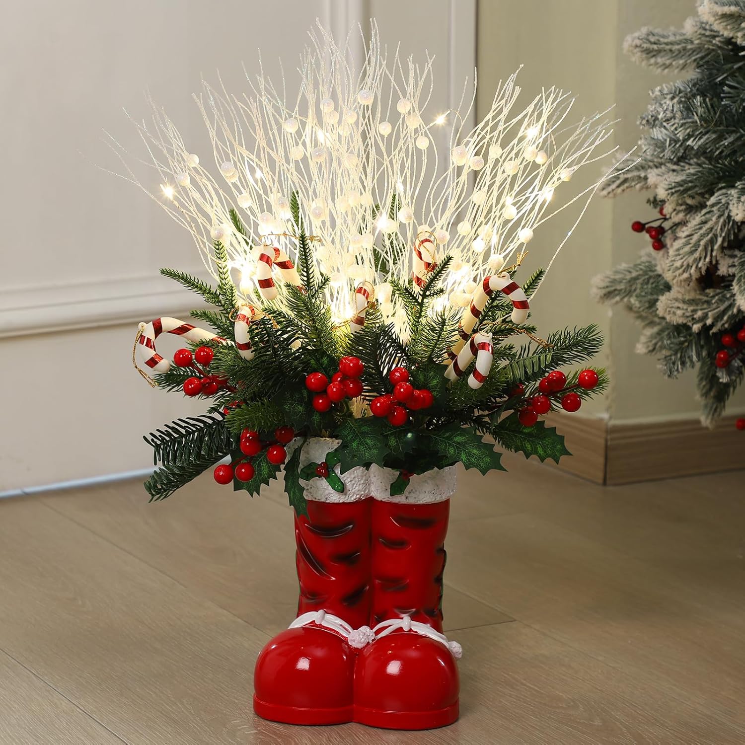 Vesici 25 Inch Christmas Santa Boots with Christmas Tree Artificial Xmas Tree Santa Boots Plant with Lights Berries Candy Cane Centerpiece Decoration for Home Office Porch Yard Indoor Holiday Decor