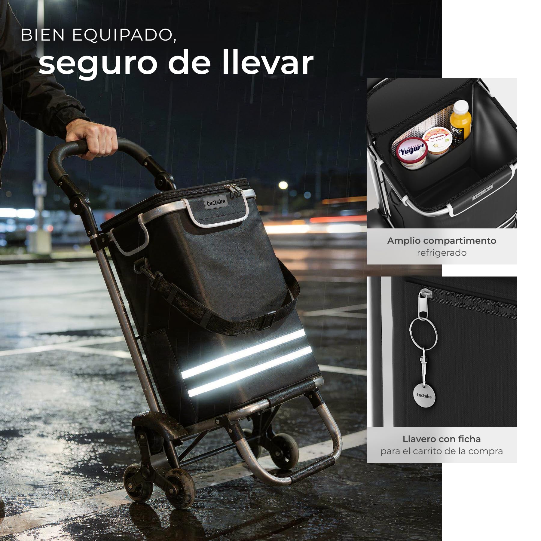 tectake® Carro de la Compra Plegable con Bolsa Termica, Carrito Compra 3 en 1 con 6 Ruedas, Capacidad 56L, Carro Plegable con Ruedas de Estrella para Supermercado y Viajes - Negro