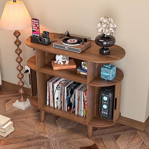 Miniatura 6 de Soporte redondo grande para tocadiscos con estación de carga y puertos USB, gabinete de almacenamiento de discos, soporte moderno de mediados de