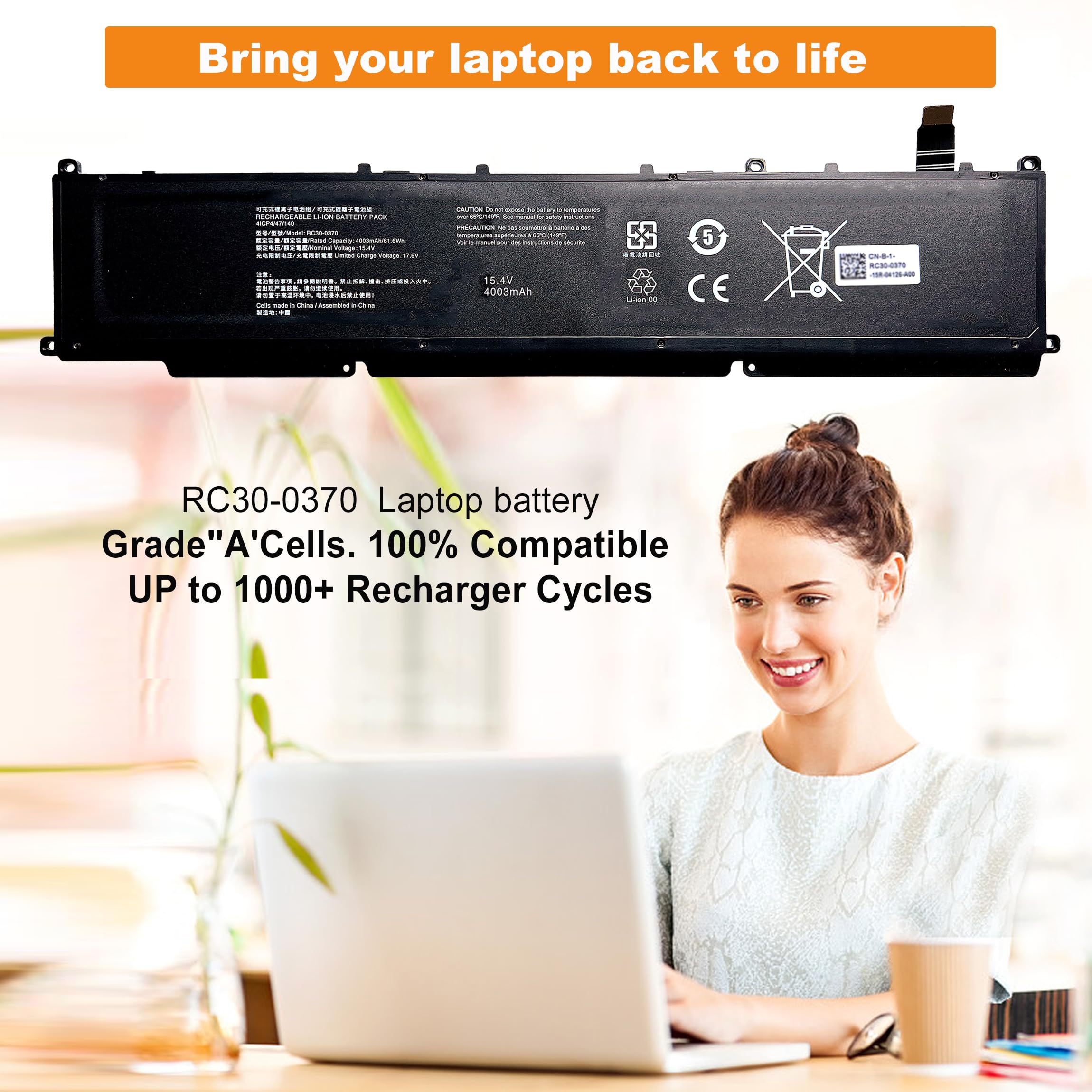 RC30-0370 Laptopaccu Voor Razer Blade 14 2021/2022 – 15,4V 61,6Wh, 4003mAh, 4-cel Li-ion, Vervangt RZ09-0370 En RZ09-0427 Series