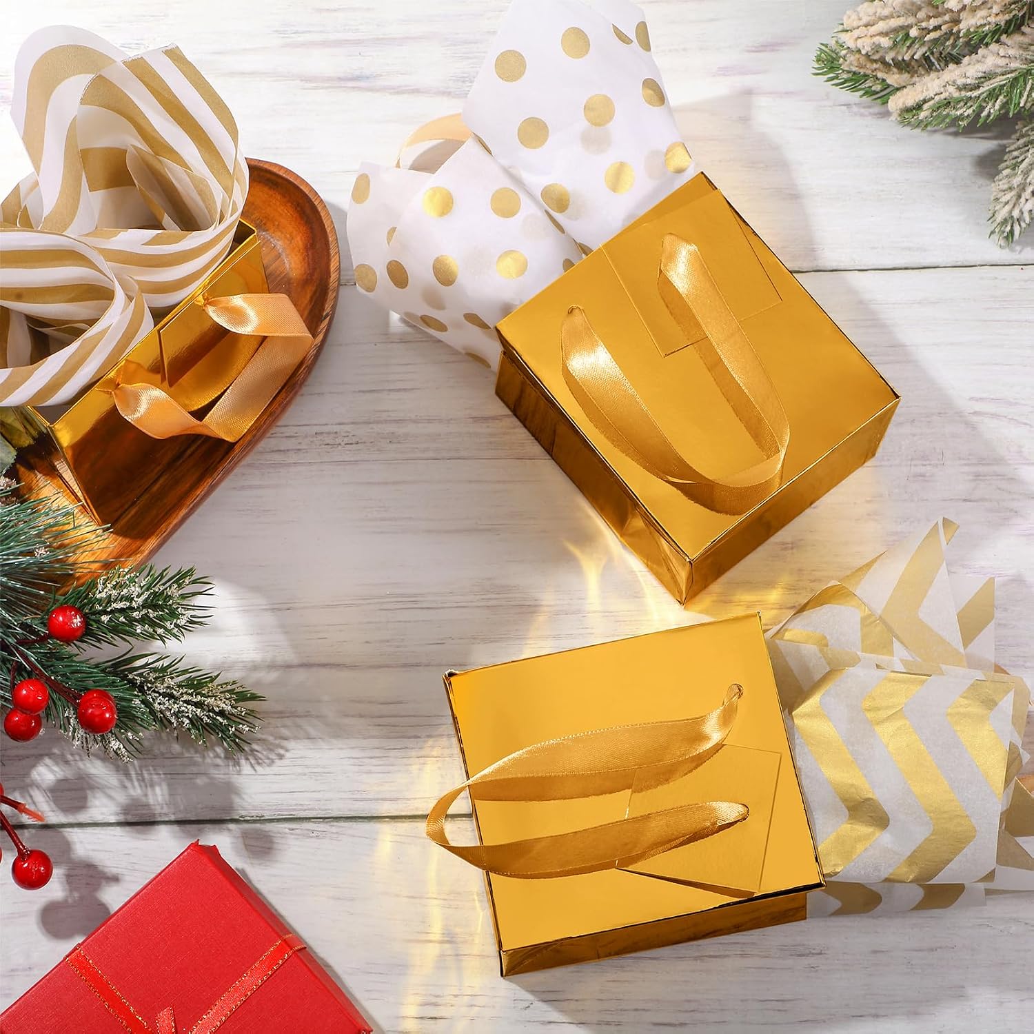 Tenare 12 Pcs Small Gift Bags Mini Paper Bags Bulk Tiny with Handle Tissue for Jewelry Gift Wrapping Summer Birthday Baby Shower Back to School Party Supply(4 * 2.75 * 4.5inch,Gold)