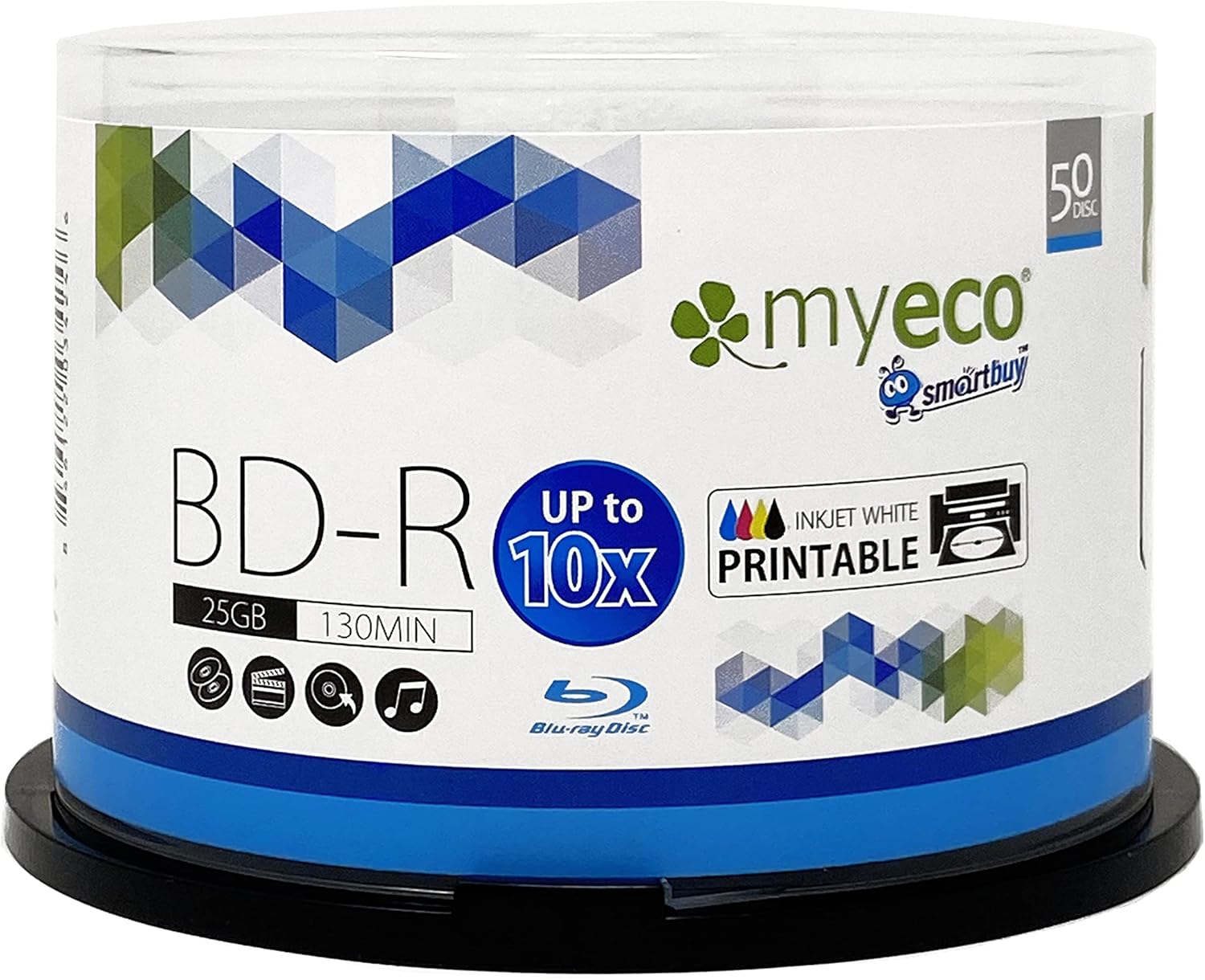 MyEco 50-Pack 25GB BD-R Blu-ray Discs Up to 10x Speed White Inkjet Hub Printable for HD Video Storage Cakebox Spindle
