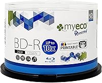 MyEco 50-Pack 25GB BD-R Blu-ray Discs Up to 10x Speed White Inkjet Hub Printable for HD Video Storage Cakebox Spindle