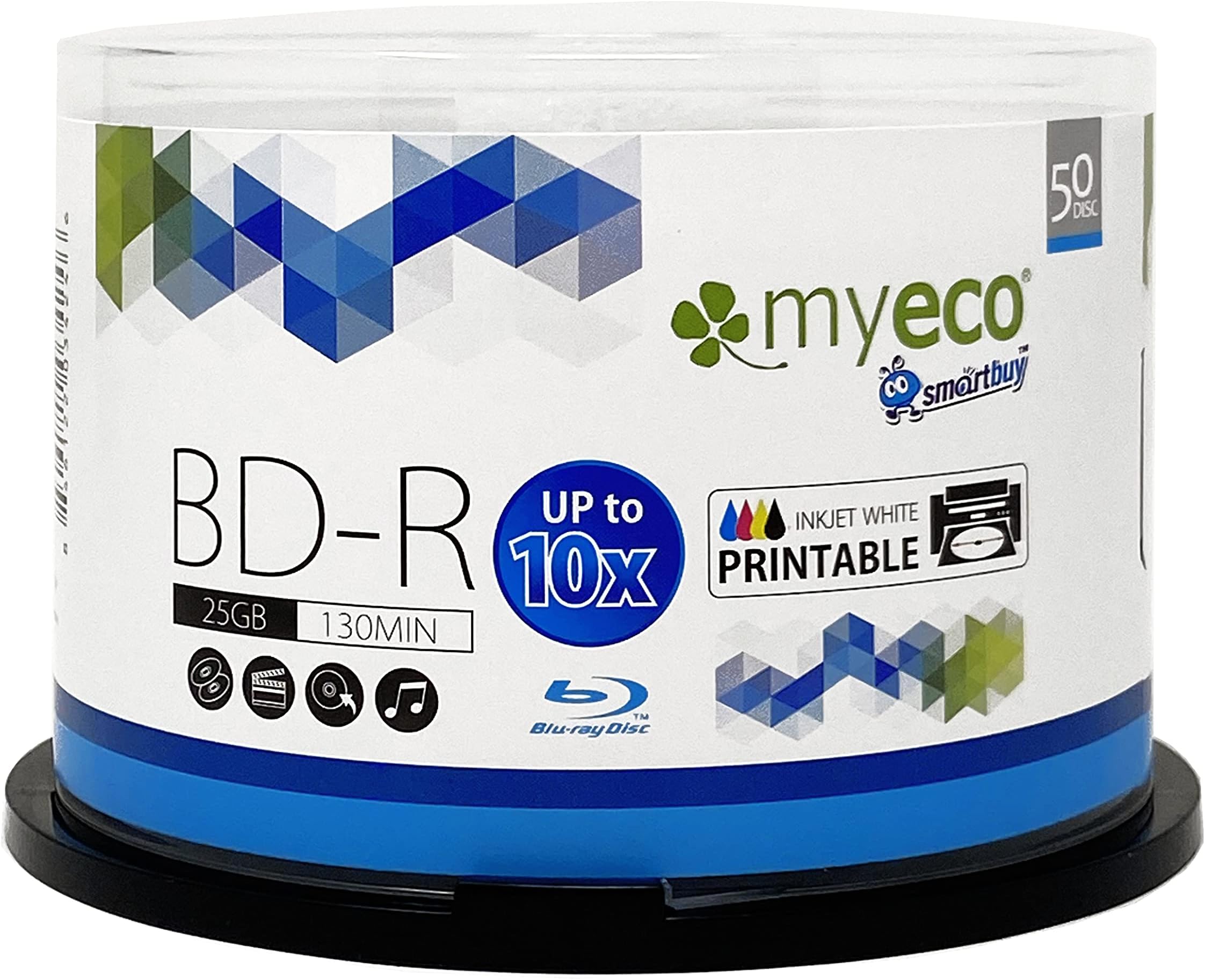 50 Pack Myeco Bd-r BDR Blu-ray 25gb Upto 10x White Inkjet Hub Printable Blank Data Recordable Media Disc with Cakebox/Spindle Packing