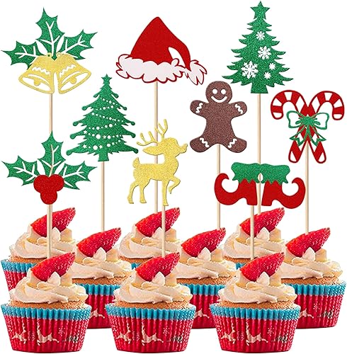 Paquete de 36 adornos para magdalenas de Feliz Navidad árbol de Navidad palillos para magdalenas sombrero oso alce pan de jengibre decoración de