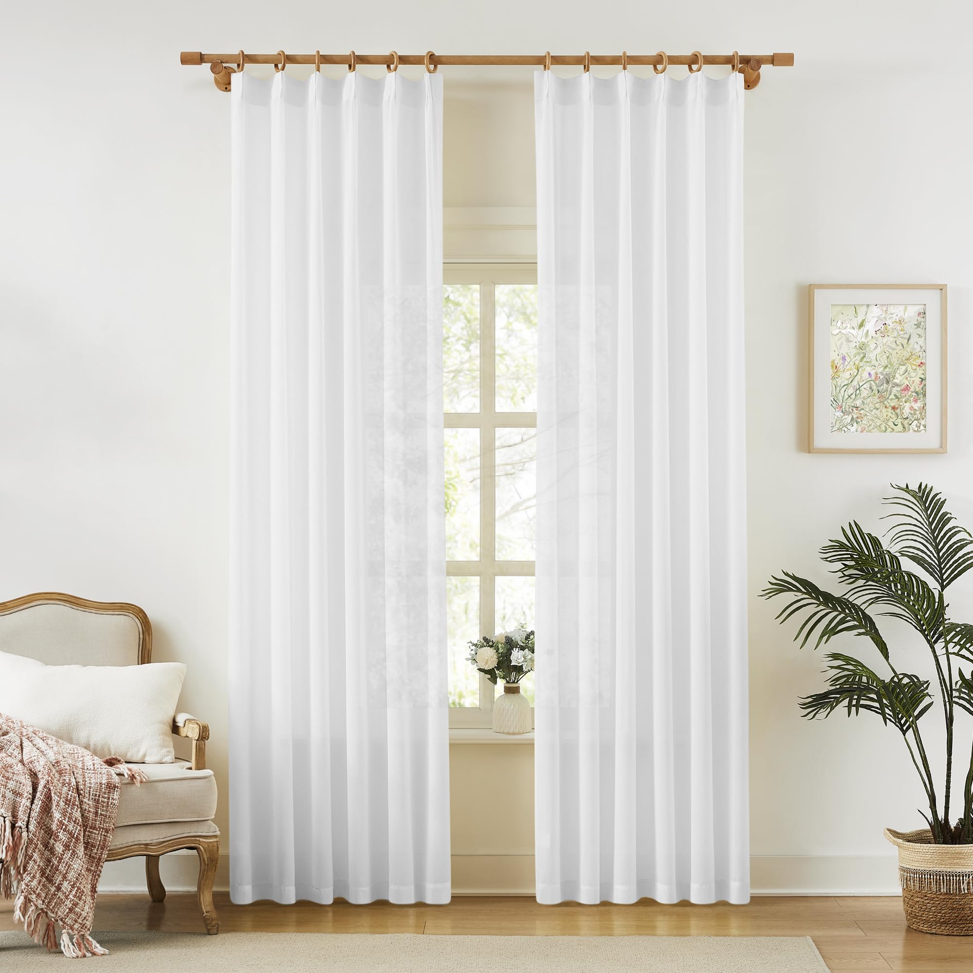KangBang White Sheer Curtains 80 inches Long for Doorway, Pinch Pleated Light Filtering Curtains for Bedroom Dining Room, Natural Light Softening