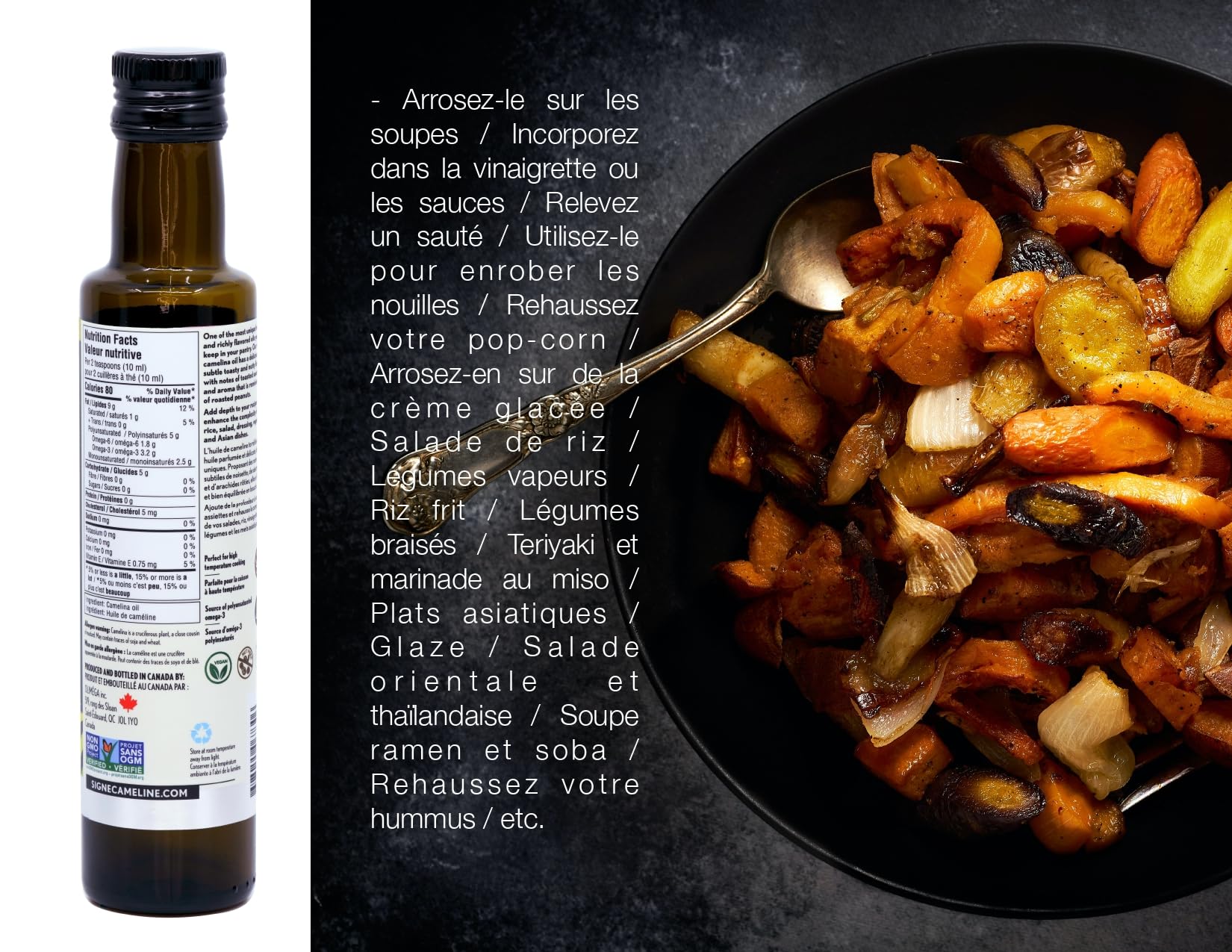 Signé Caméline, Huile de Cameline torréfiée pressée à froid, 250 ml. Notes d'huile de sésame et de noisettes grillées, cuisine asiatique, nouilles ramen, sushi, sautés. Produit du Canada.
