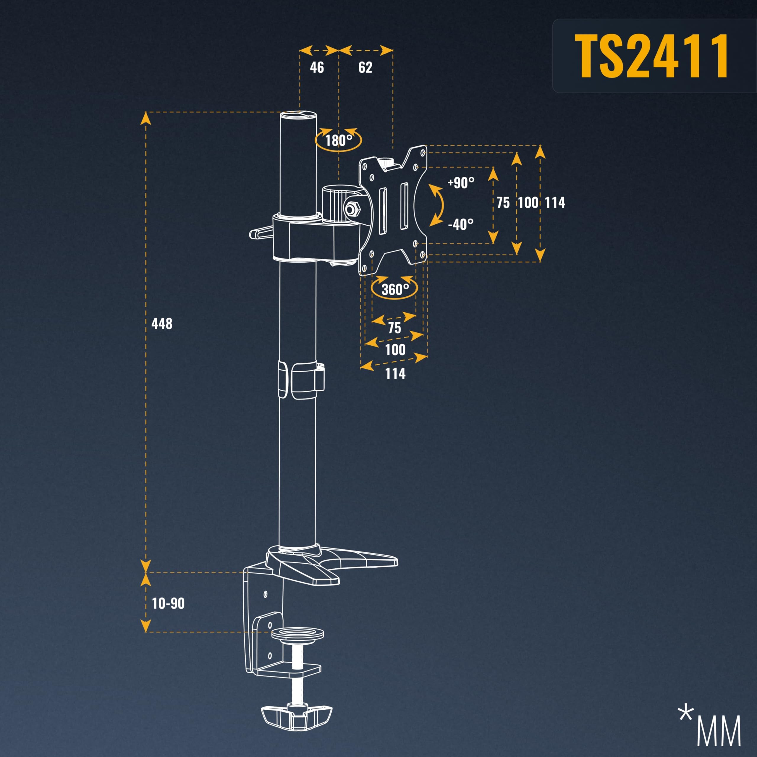 RICOO TS2411 Support Écran PC TV 13 17 19 22 24 27 28 32 Pouces VESA 75x75 100x100 Orientable Inclinable Rotatif Universel Fixation Bureau Pince de Table