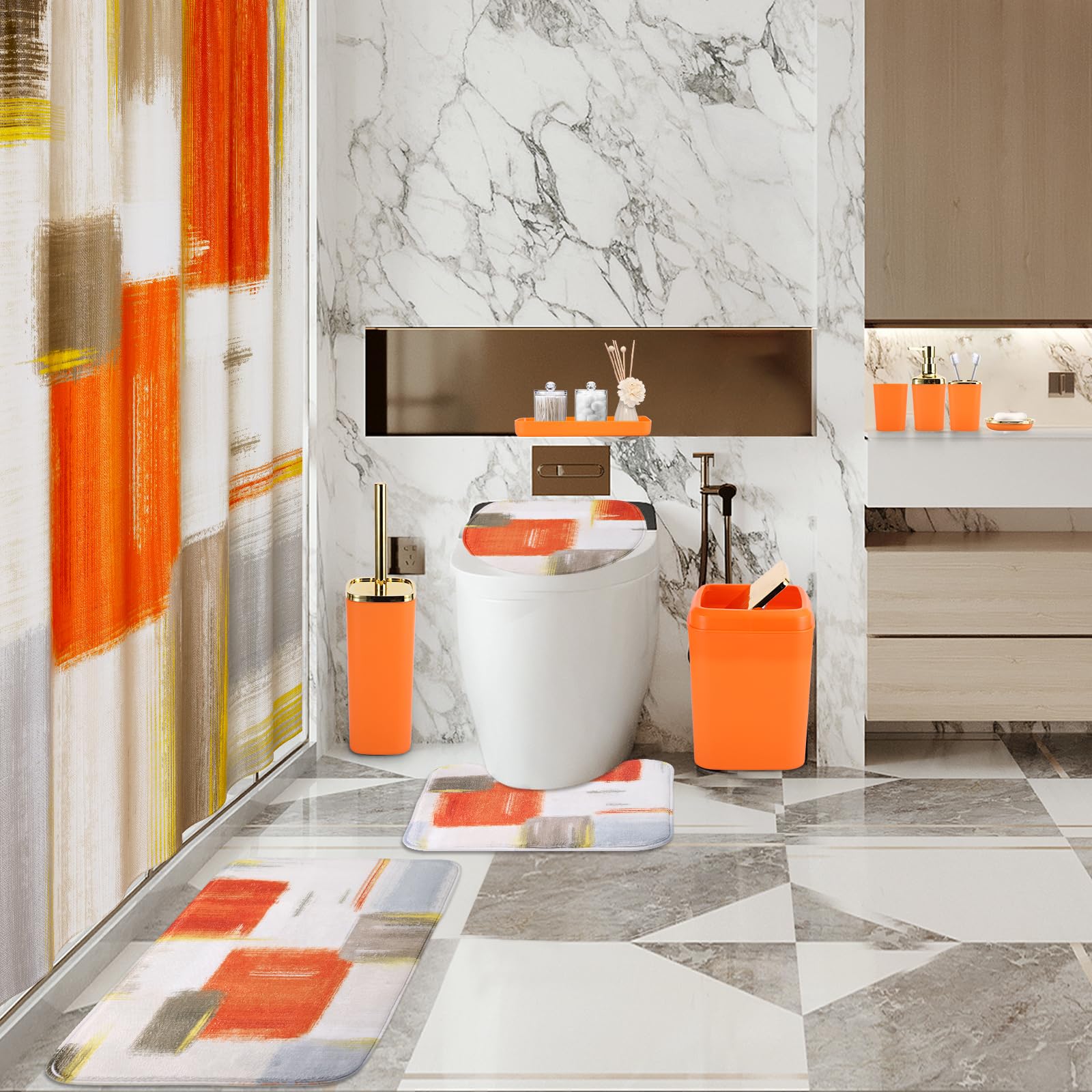 XLHOMO Bathroom Set - Orange Bathroom Accessories Set, Bathroom Sets with Shower Curtain and Rugs, Orange Shower Curtain Set with Bathroom Trash Can, Soap Dispenser, Soap Dish for Home Decor