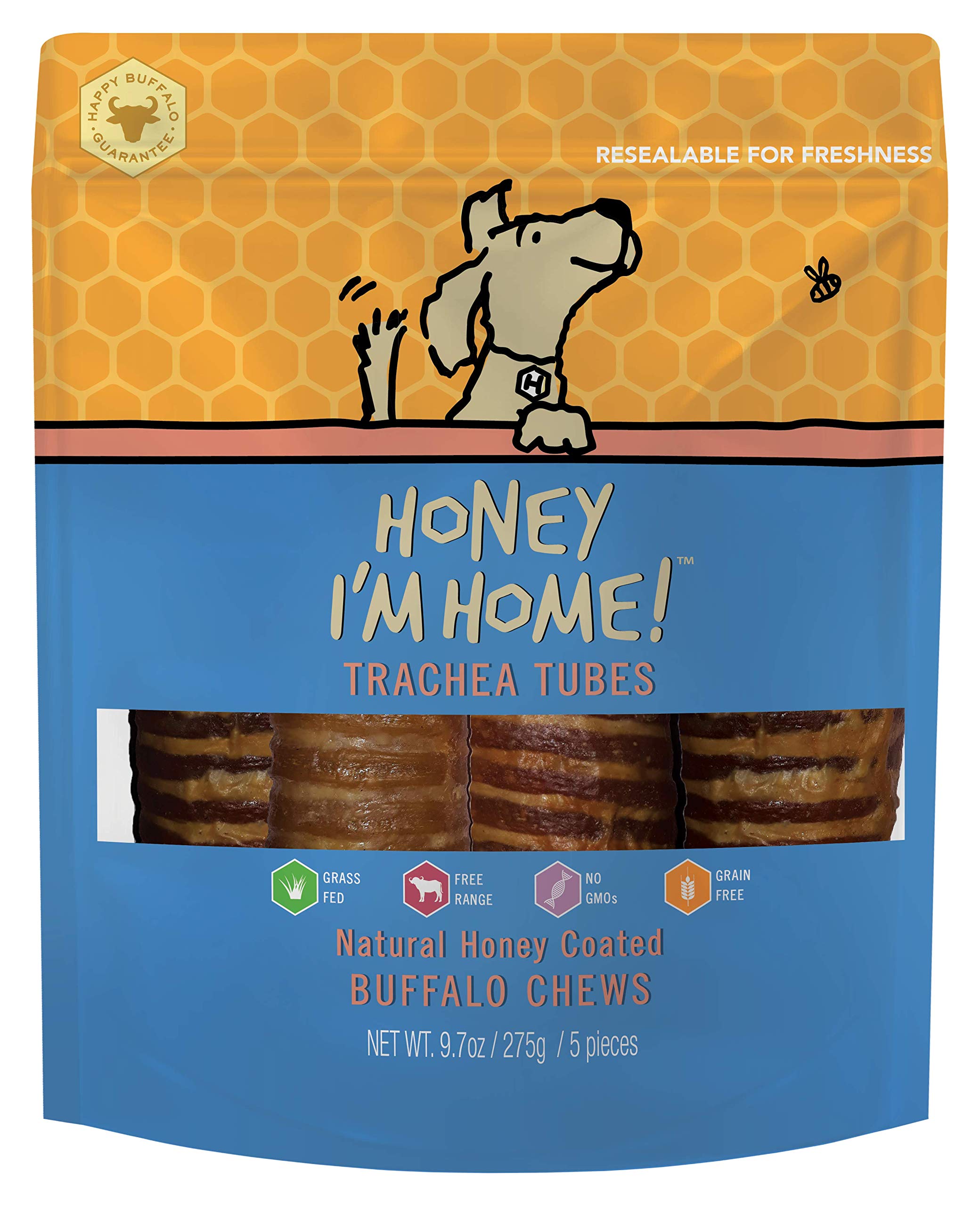 Honey I'm Home Natural Honey Coated Buffalo Trachea Tubes Dog Treats, 5 Pieces - All-Natural, Grain-Free, Healthy Chew for Dogs