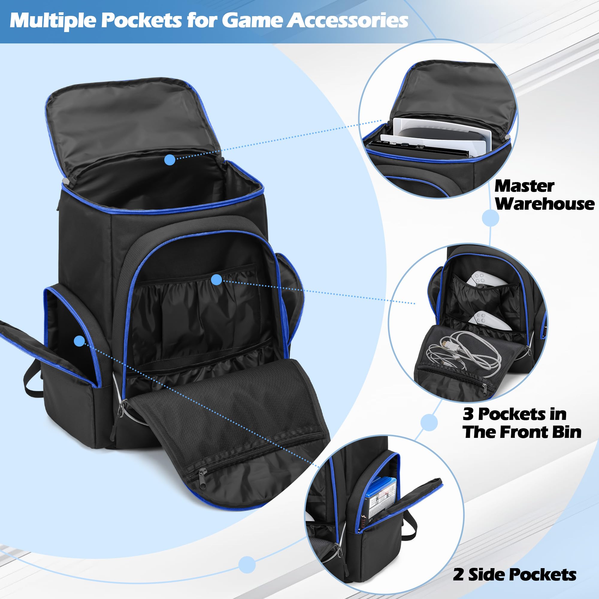 Trunab Plecak do gier wideo, do przechowywania, kompatybilny z PS5/PS4/PS5 Pro/Xbox/One/Xbox One X/S, torba podróżna z kieszeniami na laptopa 15,6" i akcesoriami do gier, niebieski