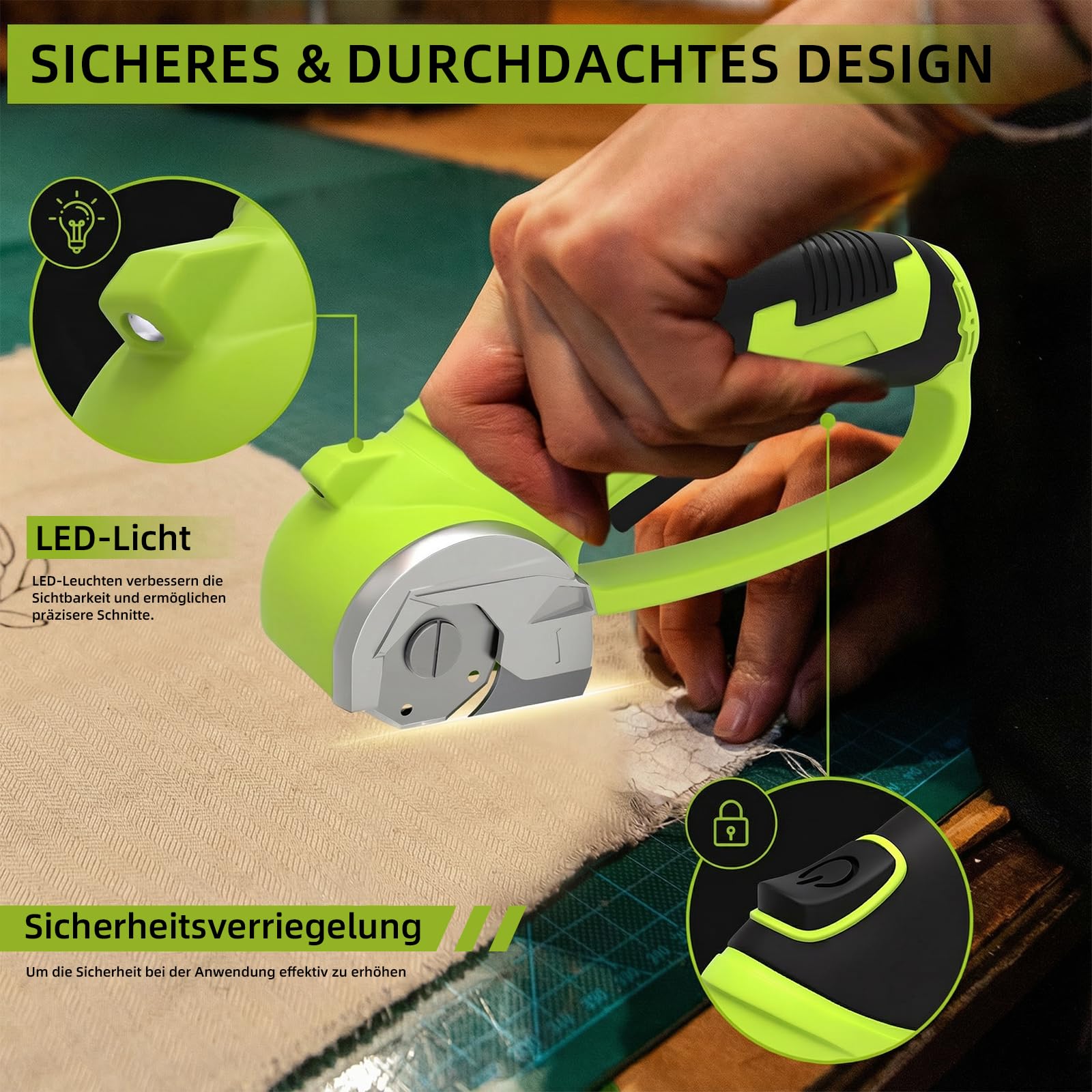 GARDTECH Elektrische Schere 4V Akku-Elektroschere für Karton, Kartonschneider für Stoff, Rollschneider mit LED-Licht für Bastelarbeiten, Leder, Kunststoff oder Teppich, grün