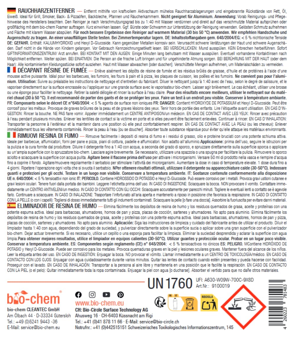 bio-chem - Rimuovi Resina per fumi 1L - Pulitore sgrassante 2 in 1 Pulitore di Resina Spray per Griglie e Barbecue - Manutenzione della griglia del Barbecue