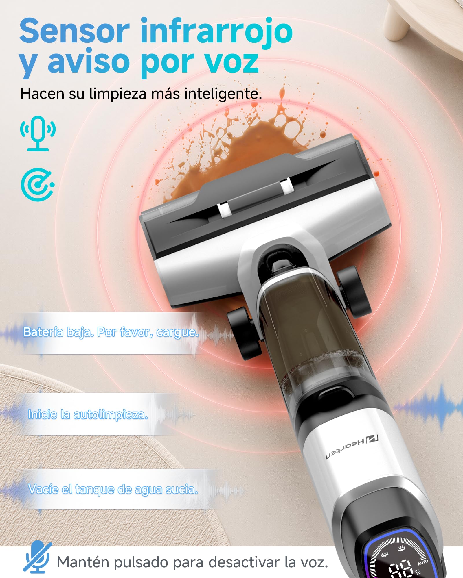 Hearten Fregona Electrica Sin Cable, 25 kPa de Gran succión, con Agua electrolizada, Ligera, Diseño Autopropulsado, Navegación por Voz, Autolimpieza, Antienredo, Limpieza de Bordes, LED Pantalla