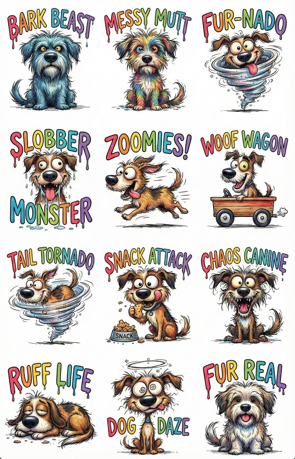 Funny Dog Stickers UV DTF Cup Wraps Transfer Decals, Waterproof, 2.5x2.5 Inch, for Mugs Water Bottles Laptops, Pack of 12