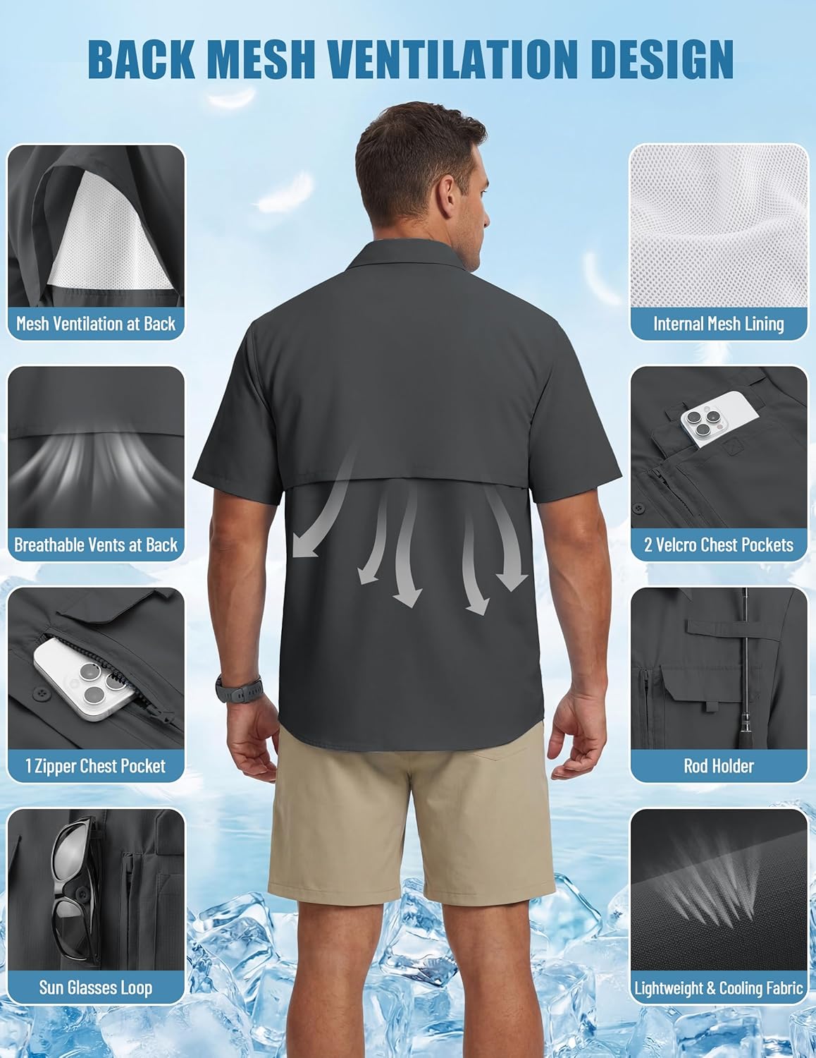 WULFUL Men's Sun Protection Fishing Shirts UPF 50+ Lightweight Quick Dry Cooling Short Sleeve Shirts for Work Hiking Safari