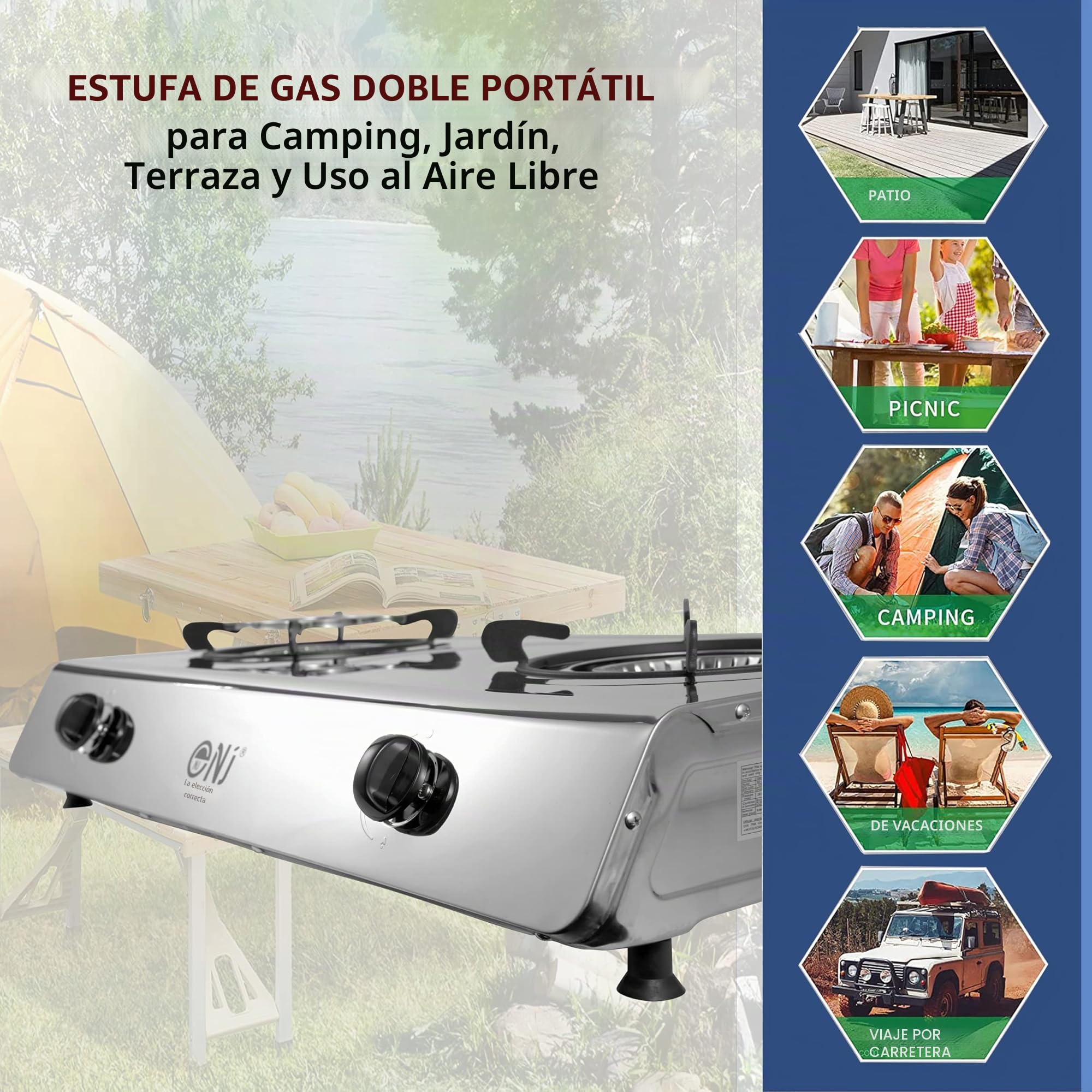 NJ-200 Cocina de Gas Portátil - 2 Fuego Hornillo Camping Gas GPL