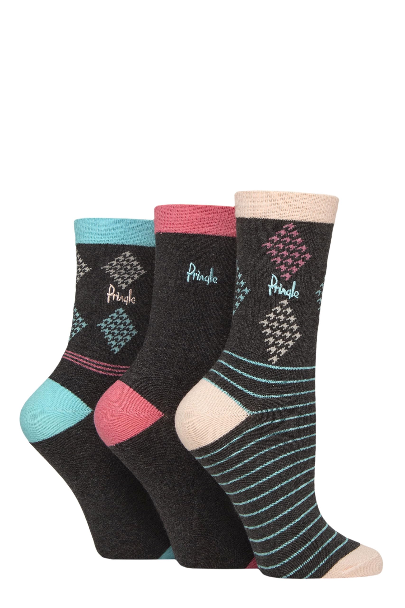 Pringle Of Scotland Women's Charcoal Diamond / Stripe Pringle Patterned Cotton And Recycled Polyester Socks Pack Of 3 (Uk, Numeric, 4, 8, Regular, Regular, Charcoal Diamond/Stripe)