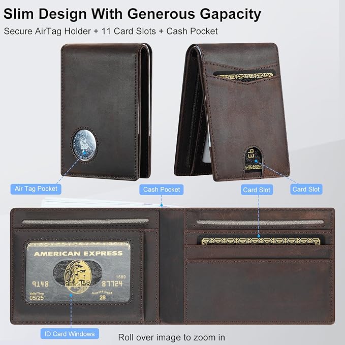furid Leather Wallet Compatible with Airtag: Slim Air Tag Wallet for Men RFID Blocking, Bifold, Front Pocket, Minimalist Card Holder