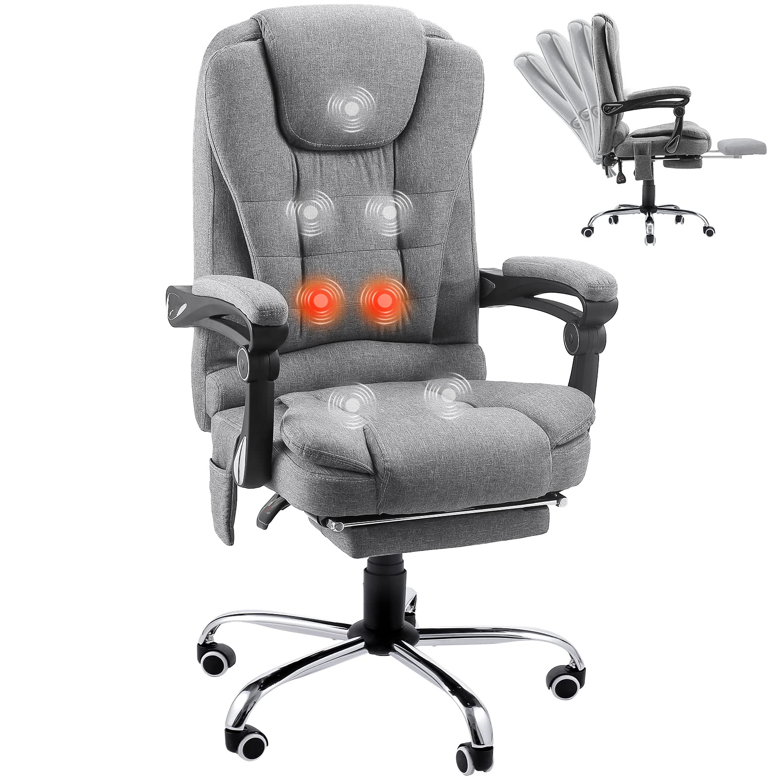 YODOLLA7 Points Massage Executive Office Chair with Heat Function, Home Office Chair Reclining Desk Chair Massage Office Chair w/Footrest, Grey Linen