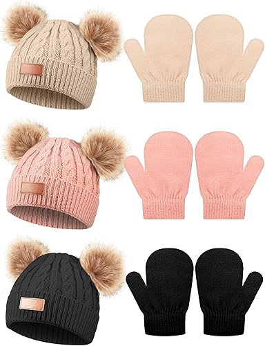 SATINIOR Juego de 3 guantes de gorro para niños pequeños, sombreros de invierno cálidos de punto con lazo para bebés niñas niños de 0 a 6 años