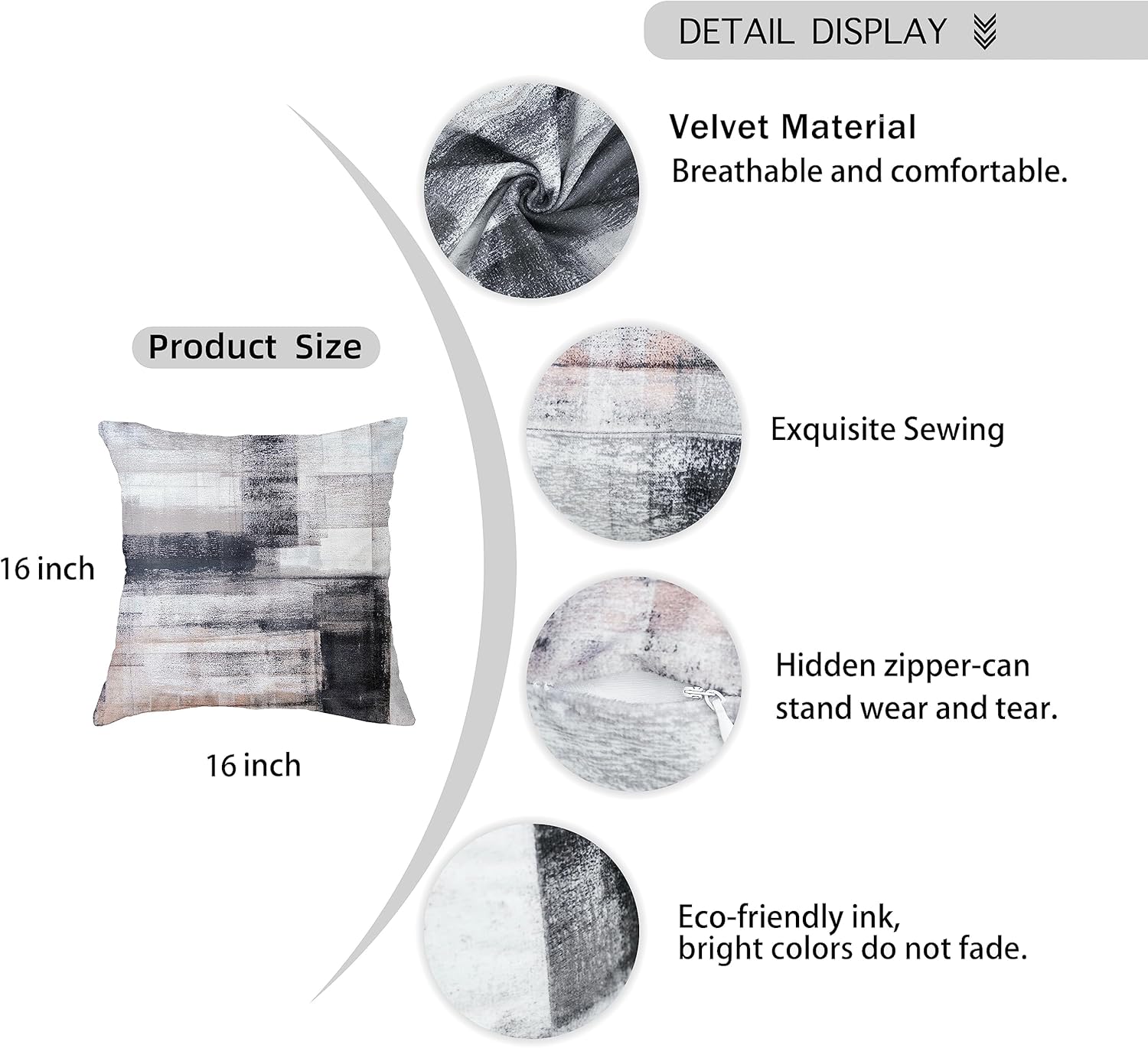 chiinvent Black White Velvet Abstract Pillow Covers Set of 2 Modern Accent Gray Throw Pillow Cover Soft Elegant Decorative Couch Cushion Cover for Bed Living Room Outdoor Sofa Pillowcases 16x16 Inch - Image 6