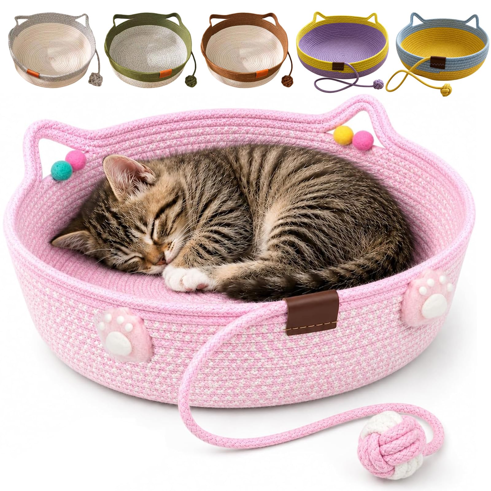 Cat Basket, Round Cotton Rope Cat Bed Scratching Pad, Breathable Foldable All-Season Pet Basket with a Playing Ball Toy, Boho Rope Woven Cats Bed (Grey) (Pink-45CM)