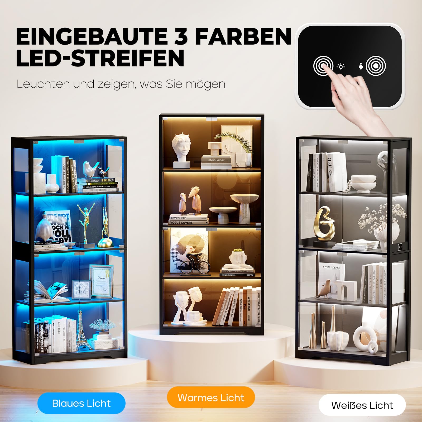 BROTTAR Beleuchtete Glasvitrine mit LED Sensor, moderner Vitrinenschrank & Standvitrine, 4 Etagen Sicherheitsglas Vitrine für Lego, Figuren und Sammlungen, Schwarz