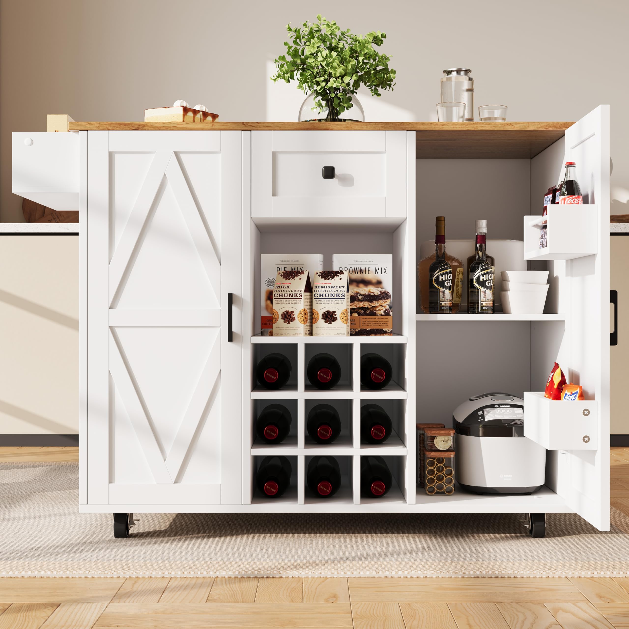 Kitchen Island Trolley with Foldable Tabletop,Multifunctional Storage Dining Table,Kitchen Cabinet & Sideboard with Drawer, Wine Rack, Adjustable Shelves, Snack Storage & Wheels