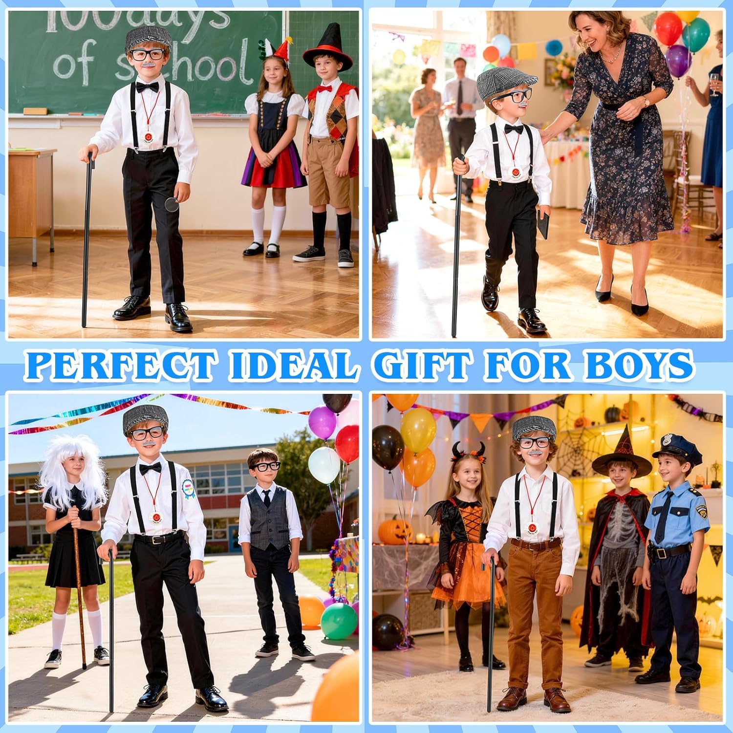 Kids 100 Days of School Costume for Boys - 1920s Old Man Grandpa Costume Set with Beret, Cane, Mustache & Wallet for 100th Day of School, Halloween, Pretend Play Dress Up - Image 7