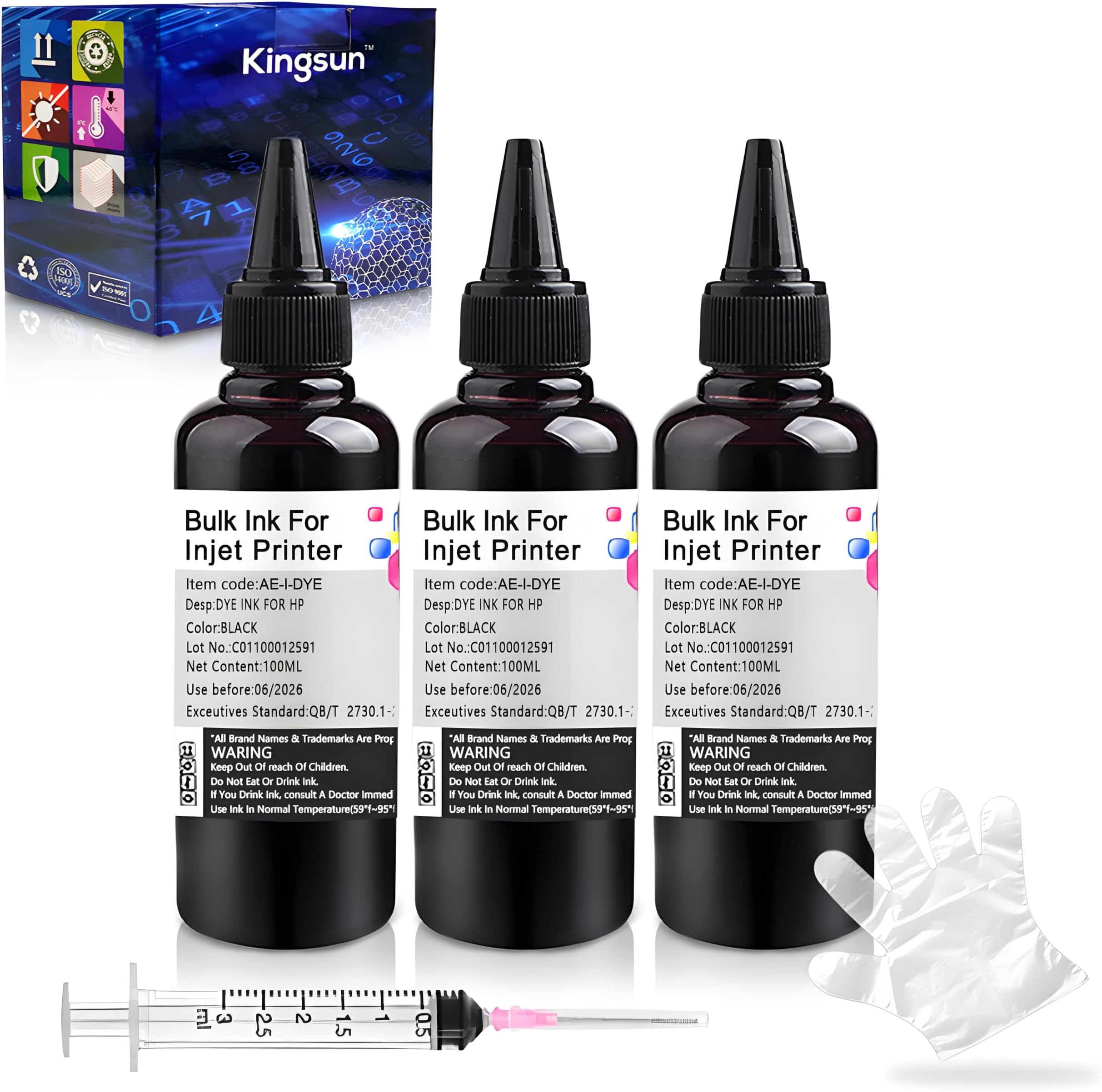 Ink Refill Kit Black for HP Printer Cartridges HP Ink 952 902 951 950 933 63 62 61 60 901 932 21 22 920 940 934 564 711 970 971 94 95 96 (100ml x 3 Bottle) with 1 Syringes and Gloves