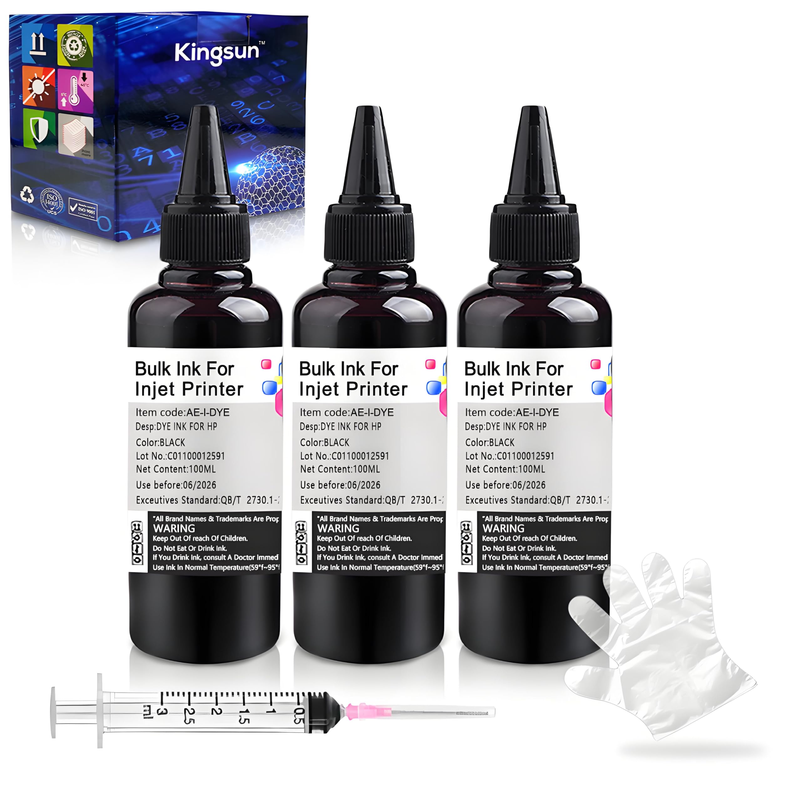 KSUMEI Ink Refill Kit Black for HP Printer Cartridges HP Ink 952 902 951 950 933 63 62 61 60 901 932 21 22 920 940 934 564 711 970 971 94 95 96 (100ml x 3 Bottle) with 1 Syringes and Gloves