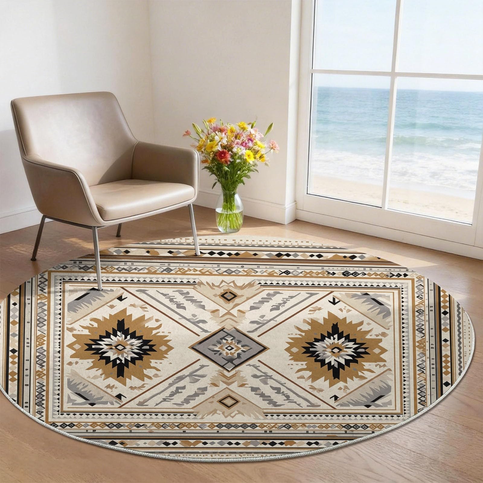 Tapis Rond Salon Ethnique Marocain, Tapis de Sol Totem Classique Géométrique Motif Antidérapant pour Salon Chambre Terrasse Salle à Manger de Lit Interieur Doux Poil Ras Tapise (150 cm, Beige)