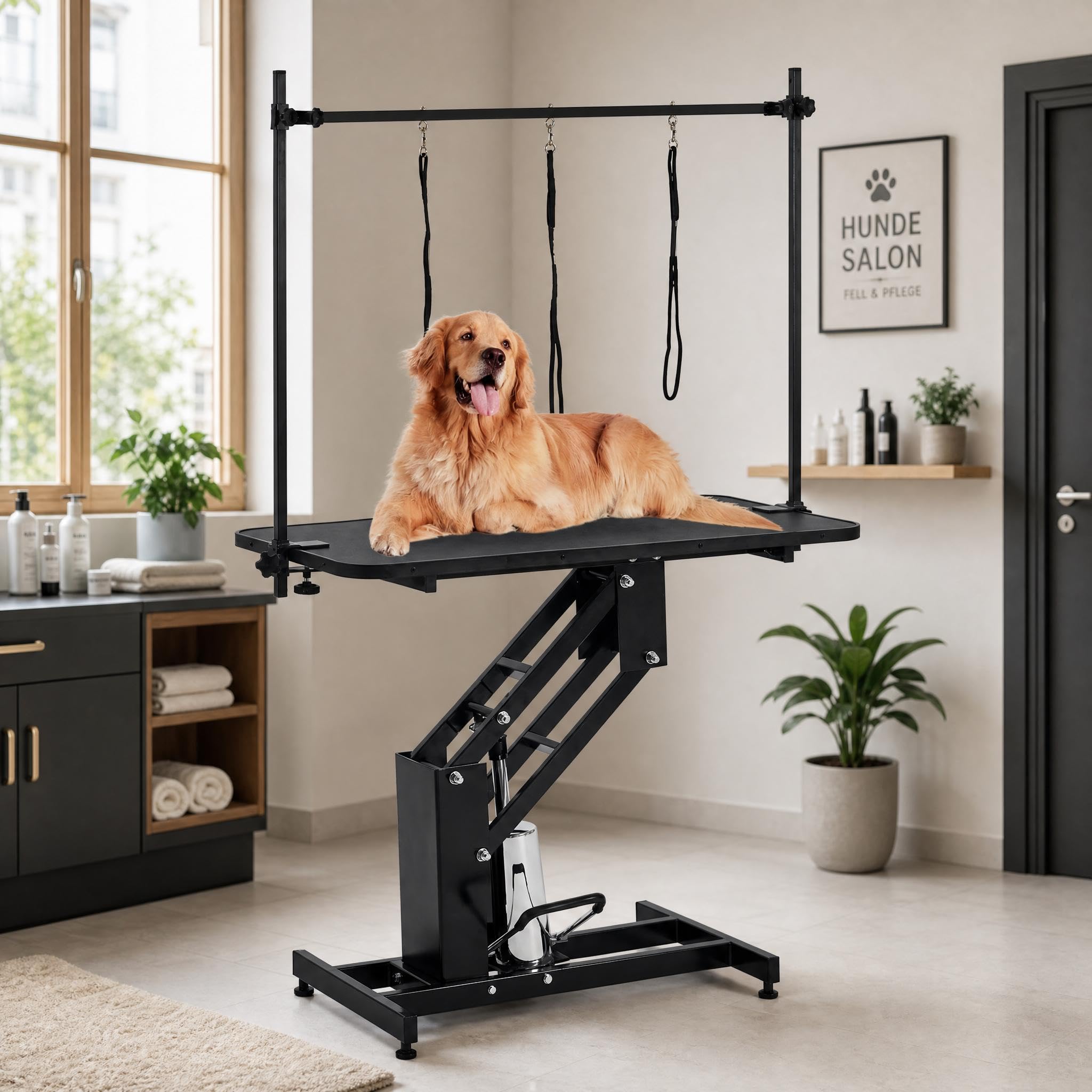 Hydraulischer Hundefrisiertisch 110 cm, Trimmtisch für große Hunde bis 158 kg, Z-Lift Hundepflegetisch höhenverstellbar (56-98 cm) mit Doppel-Galgen & Rutschfester Arbeitsfläche, Schwarz