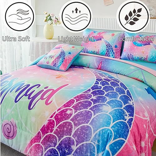 Miniatura 3 de RYNGHIPY Juego de ropa de cama tamaño matrimonial de sirena para niñas, colorido arco iris, juego de edredón con sábanas suaves y ligeras, 6 piezas,