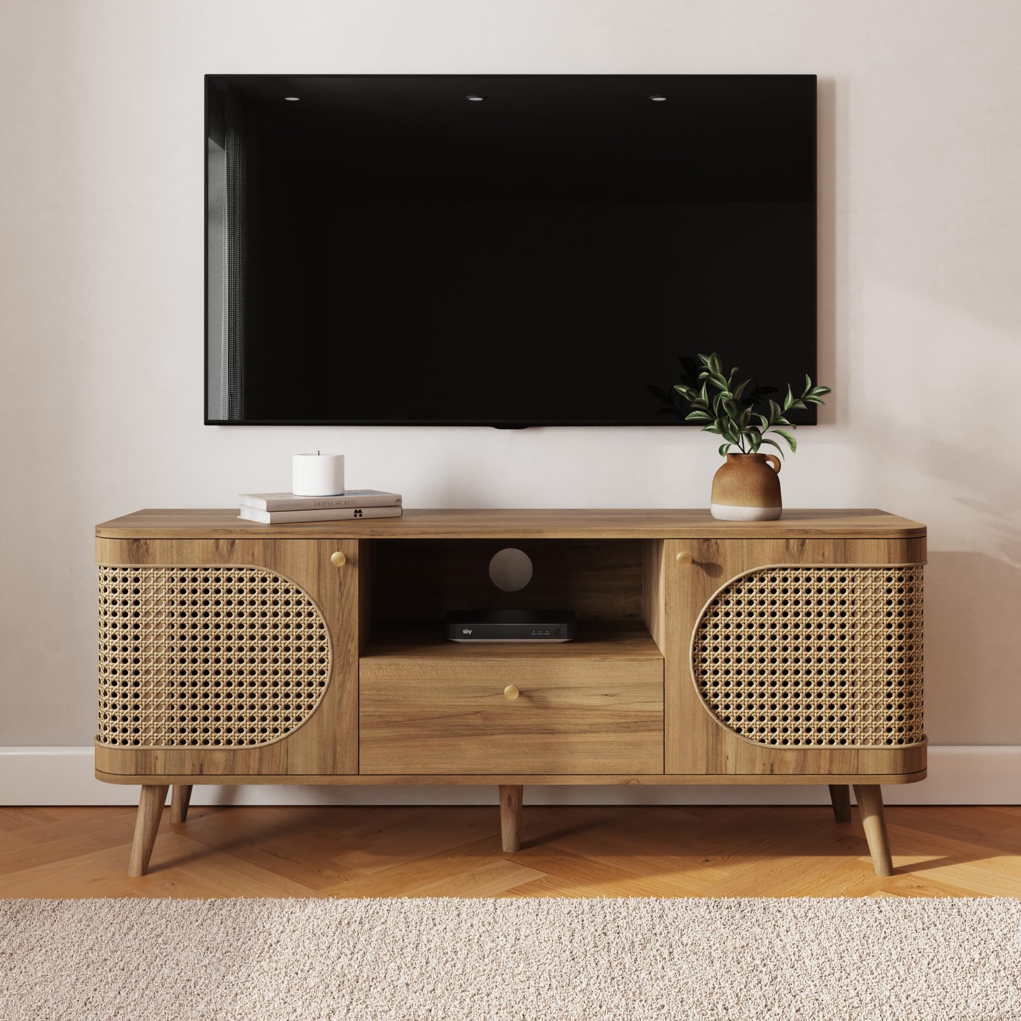 GFW Sorrell Rattan TV Unit with Shelves & Cupboard Storage, Oak Effect Entertainment Stand with Curved Edges
