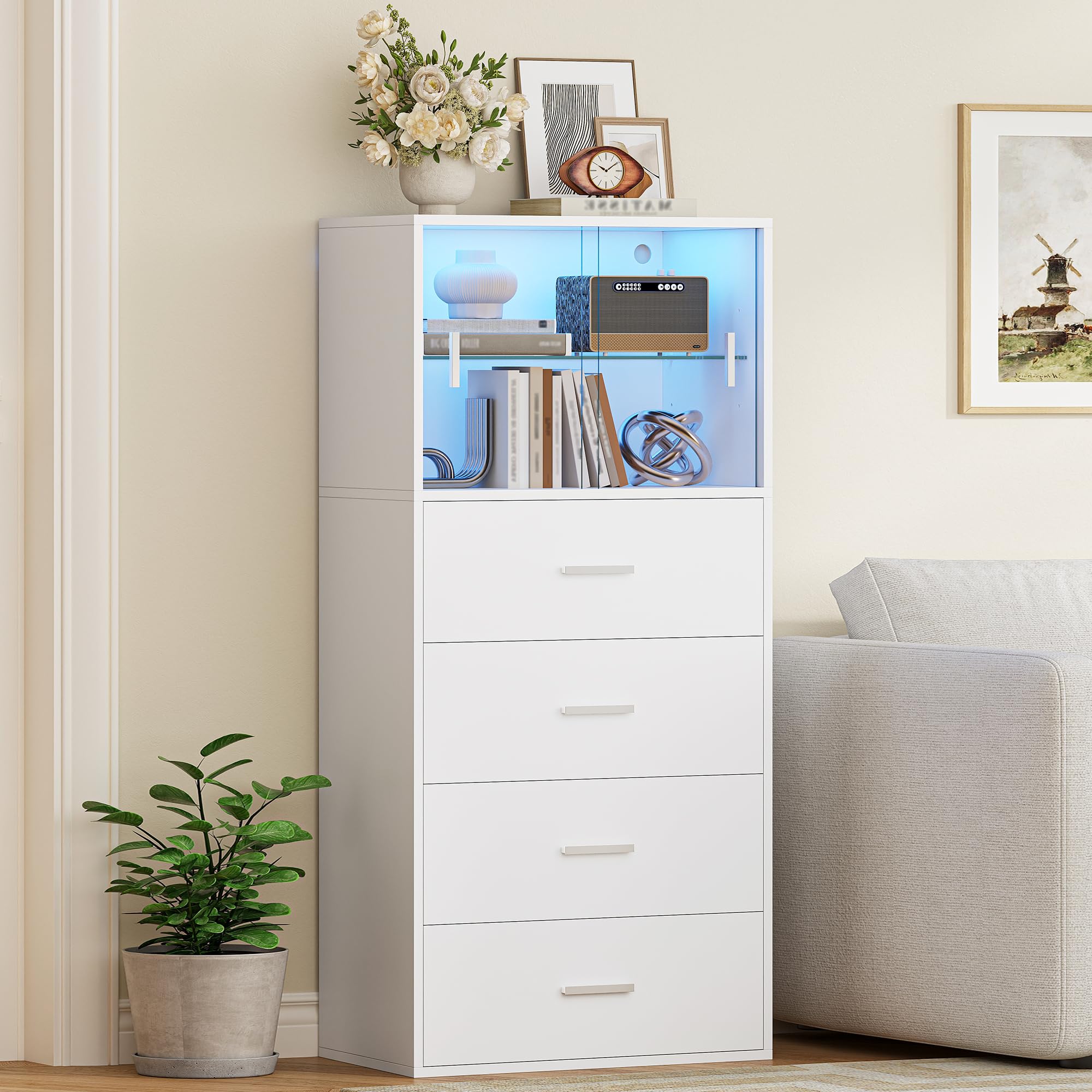 Hzuaneri Commode 120cm LED 4 tiroirs Porte vitrée coulissante Blanc