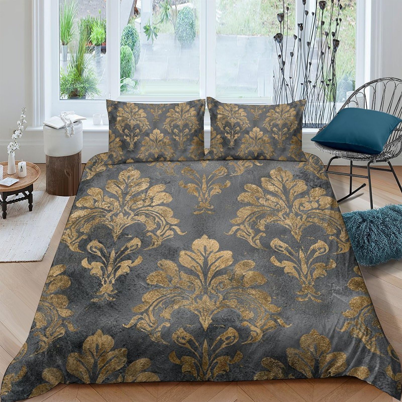 Ctjqhvkz Style-7 3D Printed Baroque Damask Fitted Sheet Microfiber Dark Gold Pattern Mattress Cover For Bedroom Guest Room Decor Easy Care Single（135X200cm）