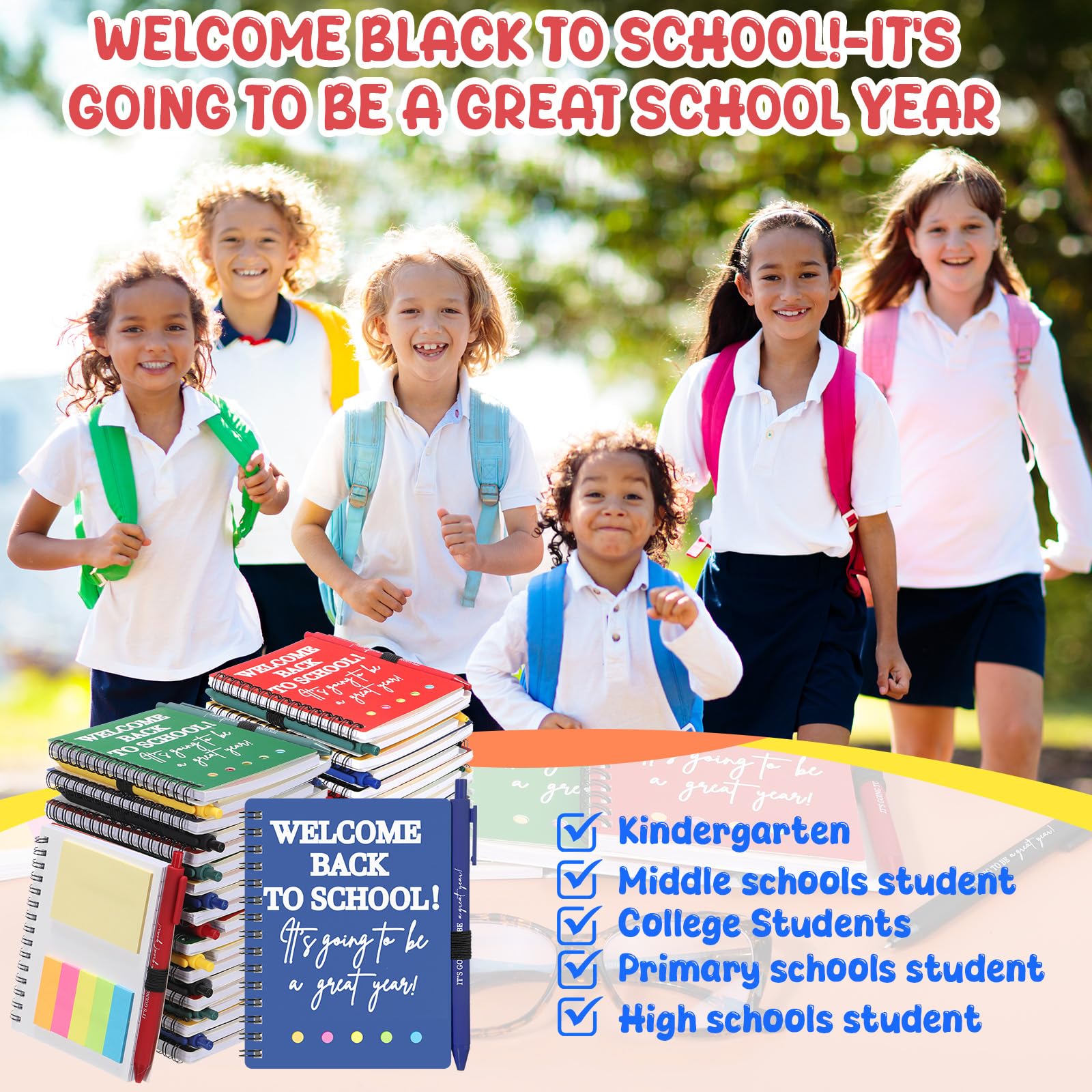 Dunzoom 40 cuadernos de bienvenida para el regreso a clases, 20 cuadernos para el primer día de escuela, con pestañas adhesivas, 20 bolígrafos inspiradores para recompensa para profesores y