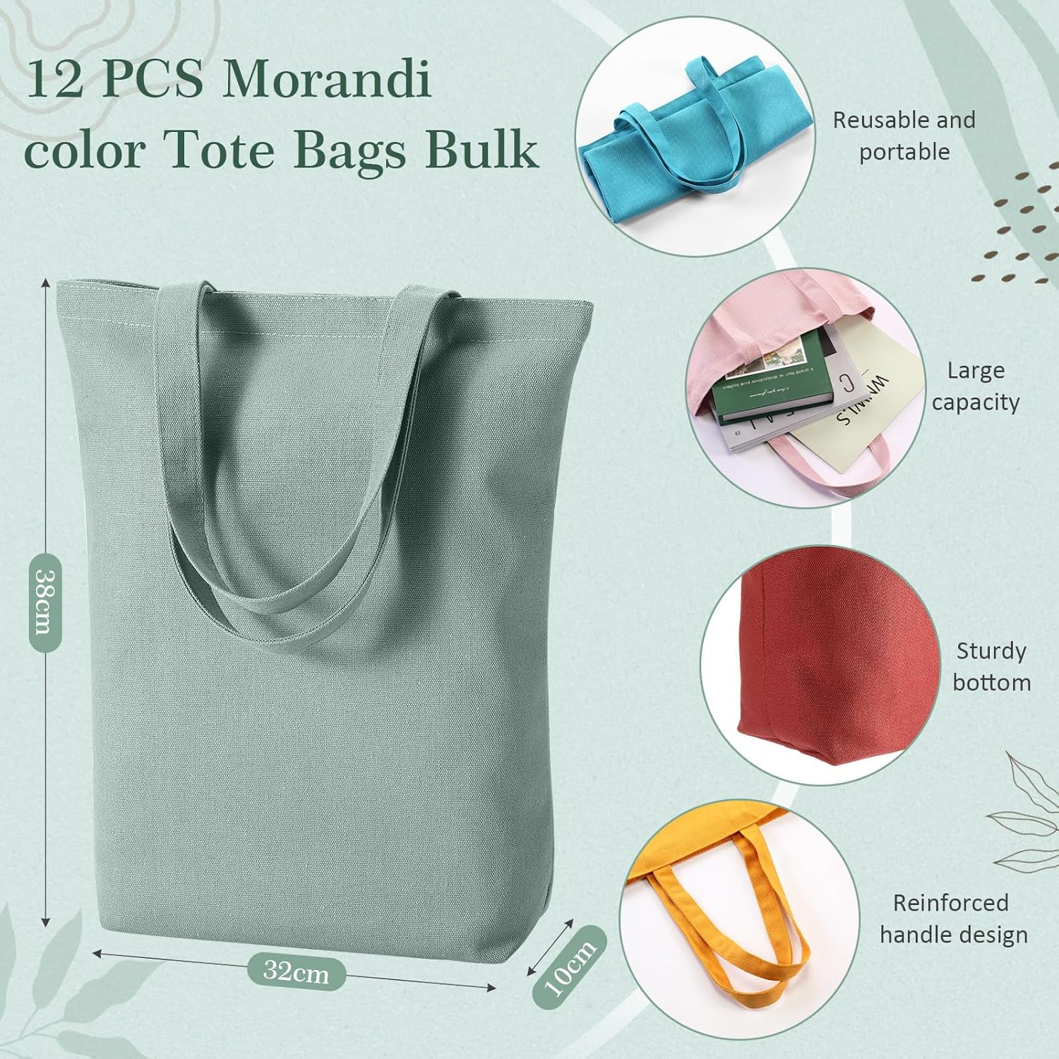 12 Pcs Housekeeping Week Gifts Reusable Boho Canvas Tote Bags Bulk for Women Employees Morandi Shopping Bags, Large Capacity Grocery Bag, Stylish Minimalist for DIY Travel Commute Birthday Gift - Image 4