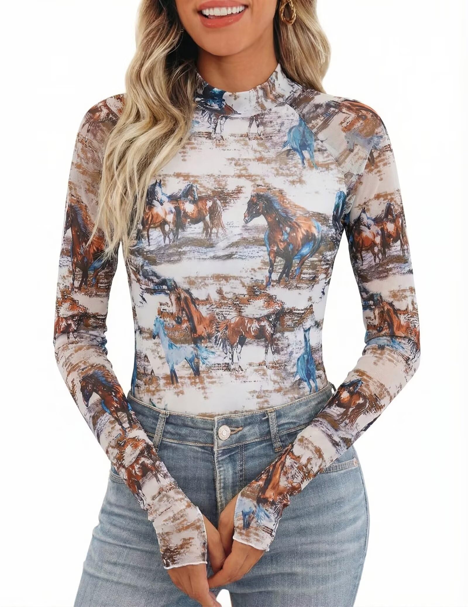 Nivarela Damen Oberteil aus transparentem Mesh mit Stehkragen und Blumenmuster; sexy Slim Fit Longsleeve für Party, Clubwear, Streetwear, Date Looks und Y2K Pferdemuster M