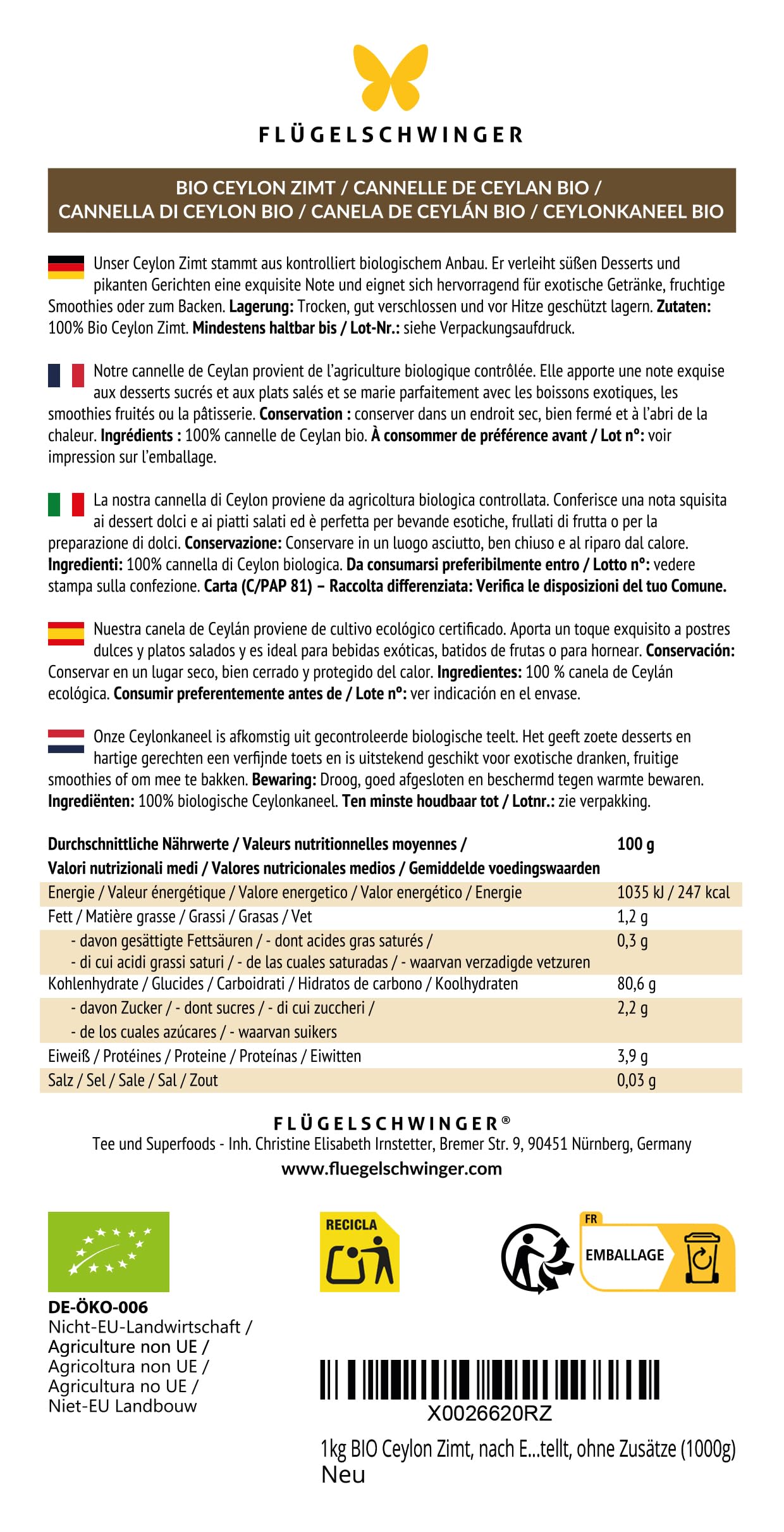 1 kg de canela de Ceilán ecológica, cultivada y producida según el estándar ecológico de la UE, sin aditivos (1000 g)