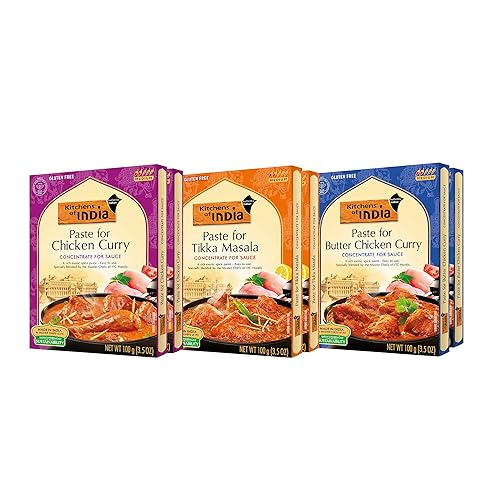 Kitchens of India Combo de pasta de curry para curry de pollo con mantequilla, Tikka Masala y pollo Curry, pasta de curry fácil de usar para