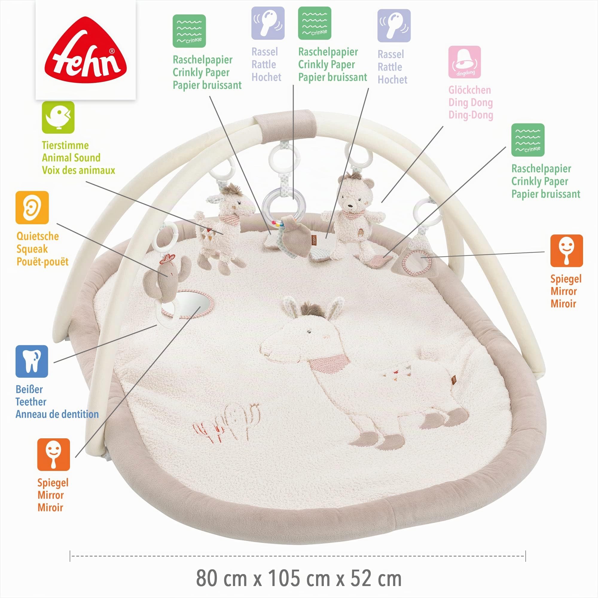 Fehn manta de actividades 3D arco de juegos Perú - Manta de juego para bebés con 5 juguetes extraíbles para agarrar - para bebés y niños a partir de 0 meses - como regalo por el nacimiento
